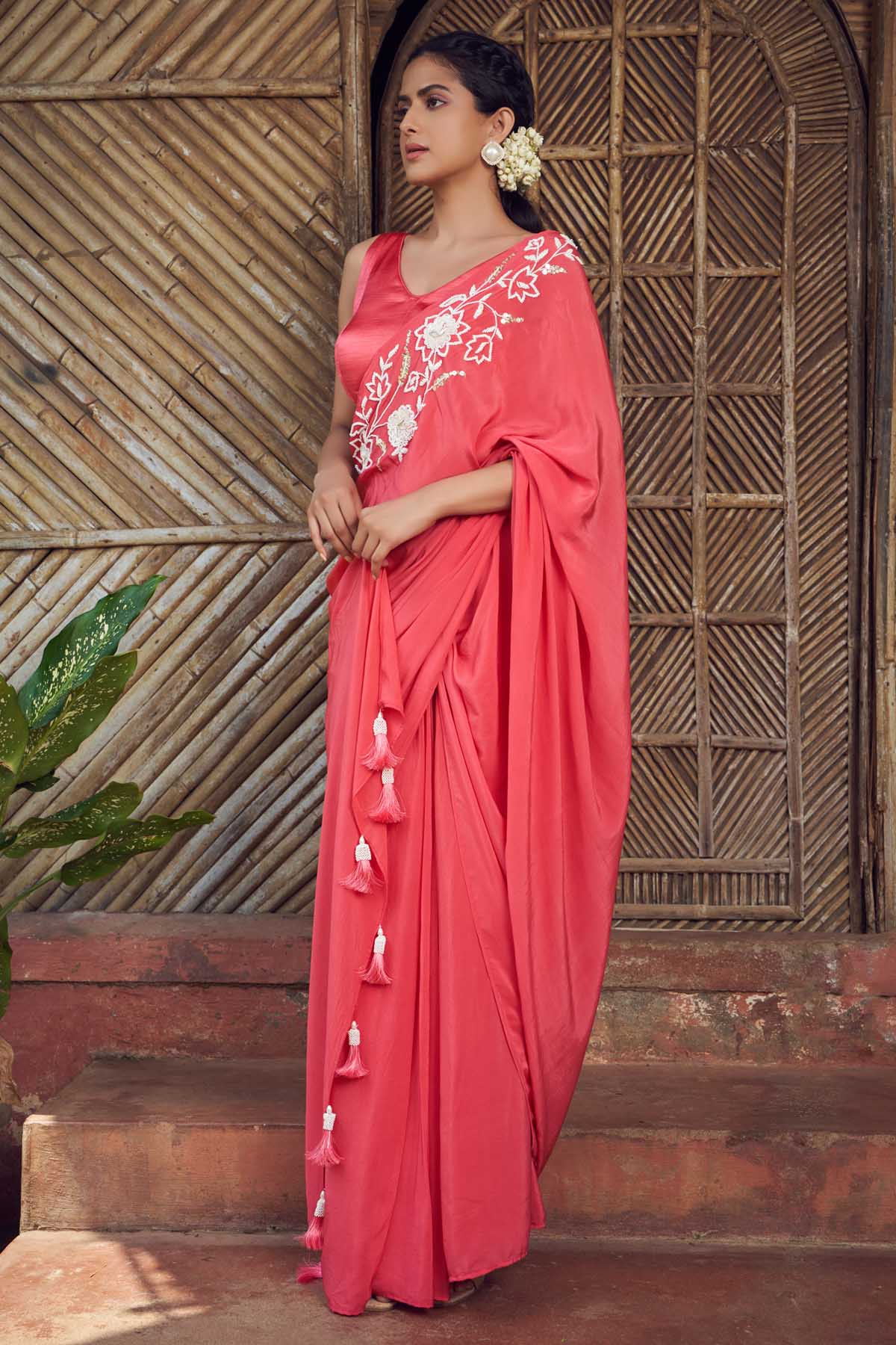 Megha Pitti Red Prestitched Saree & Blouse for women online at ScrollnShops