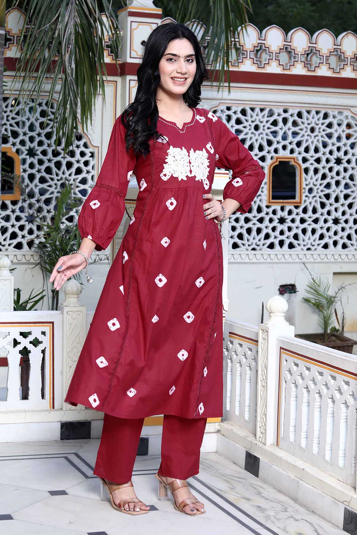 Red Print Embroidered Kurta Set