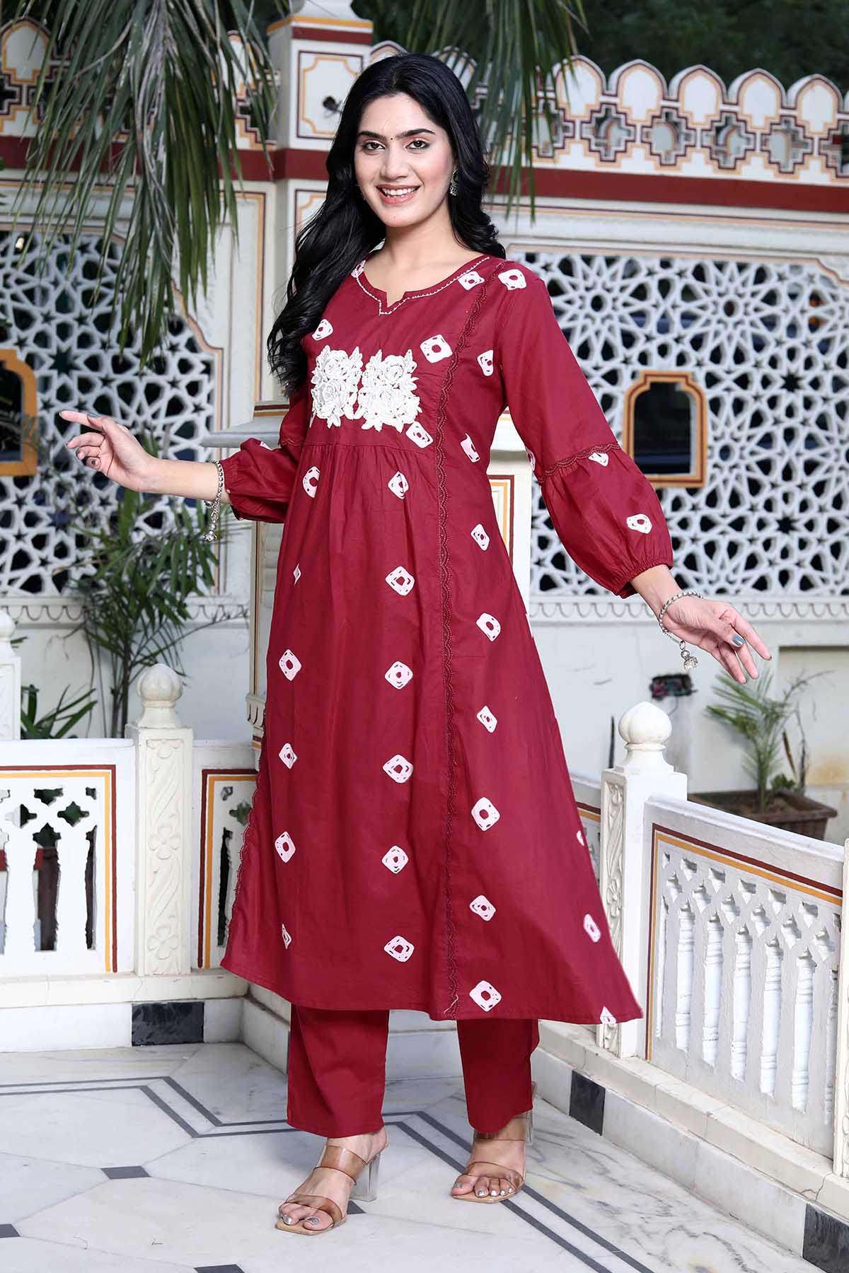 Red Print Embroidered Kurta Set