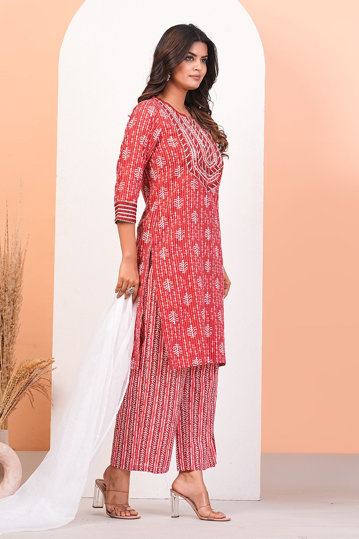 Red Print Lace Detail Kurta Set