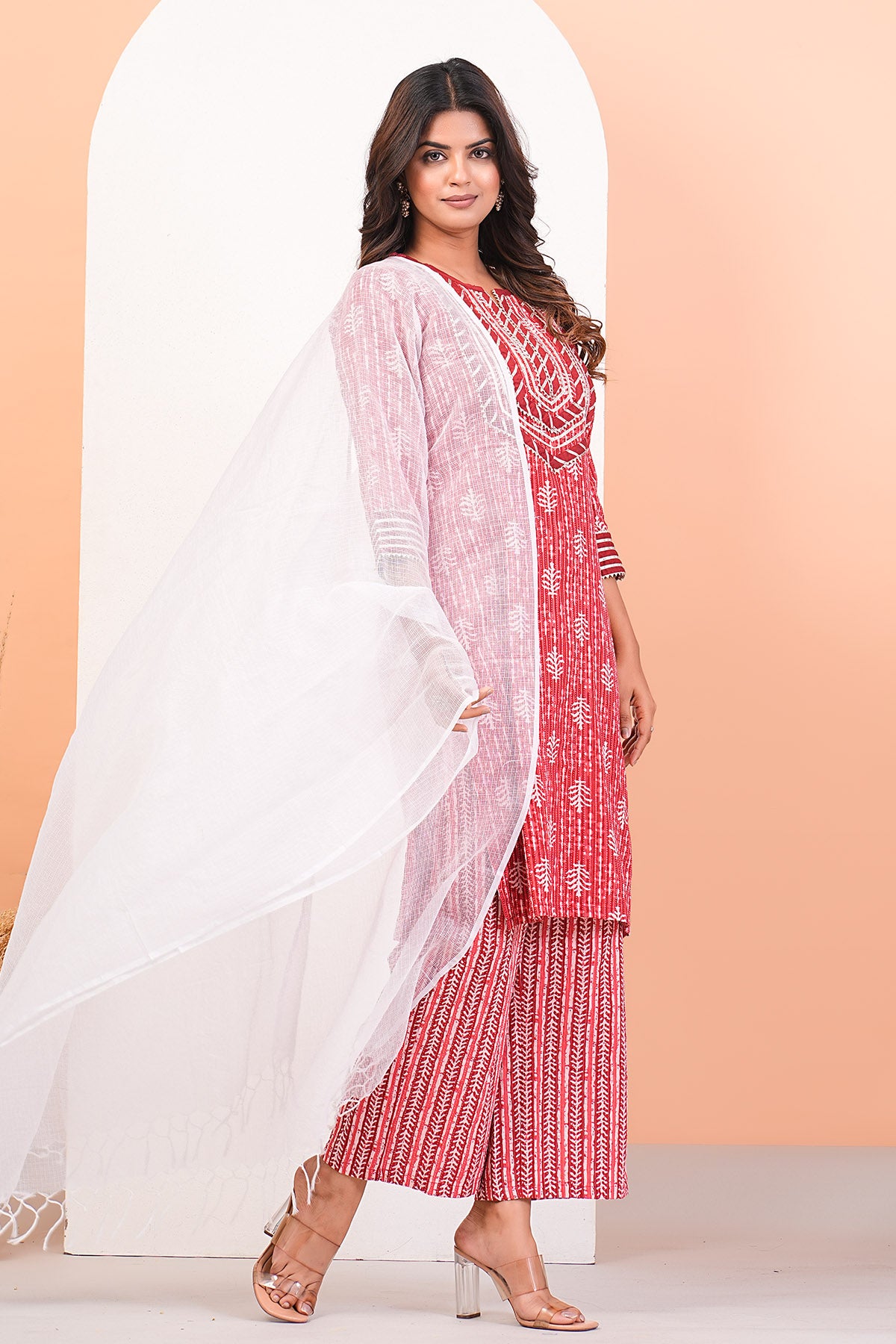 Red Print Lace Detail Kurta Set