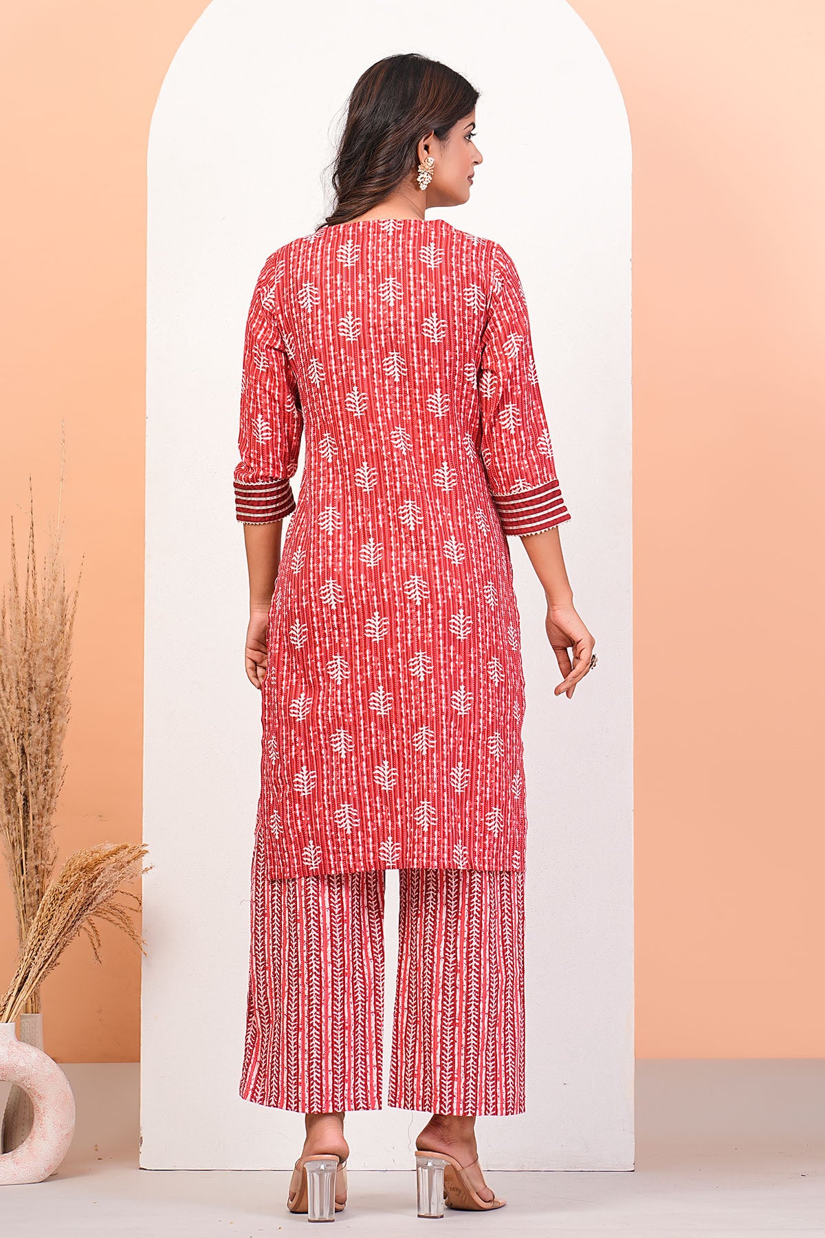 Red Print Lace Detail Kurta Set