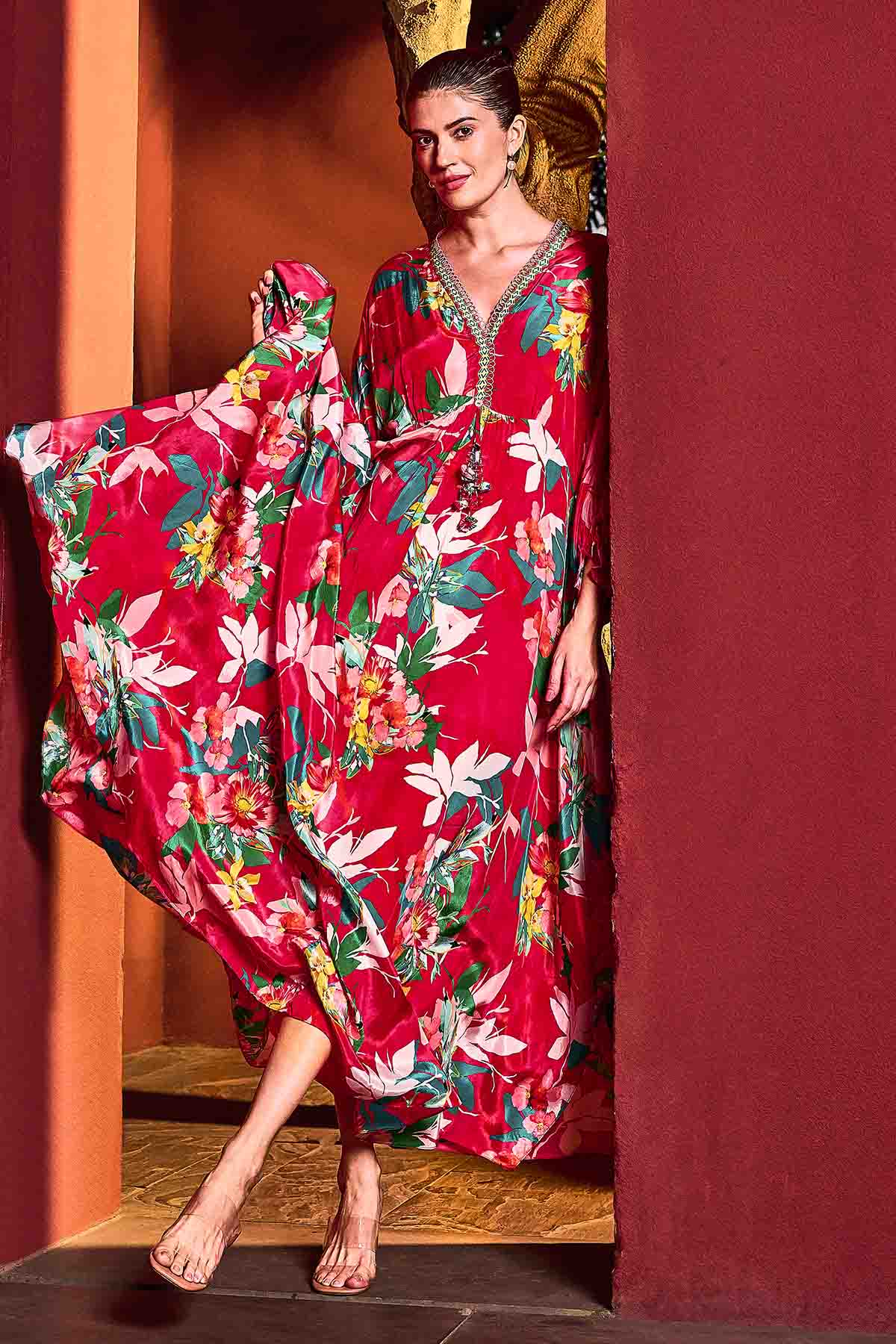 Red Printed Asymmetrical Kaftan