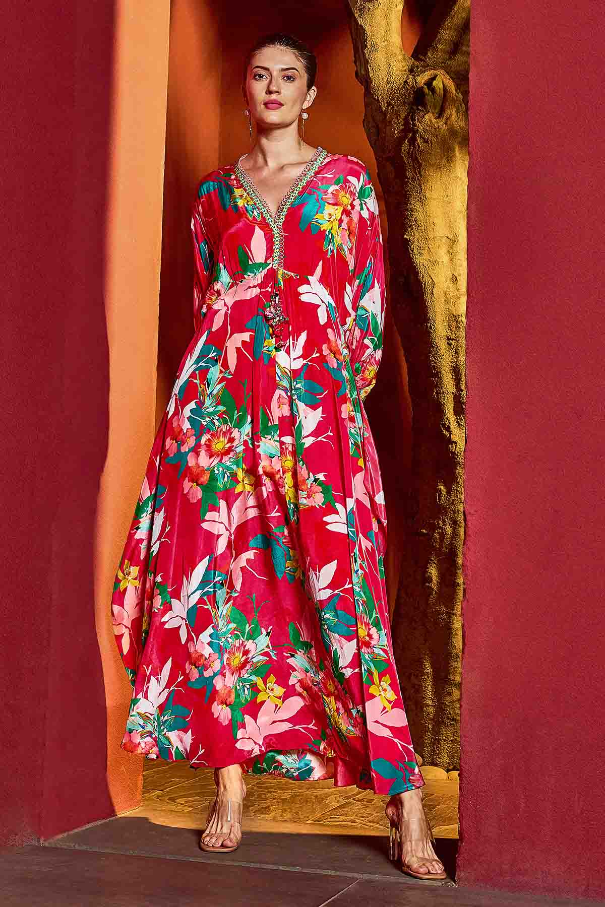 Buy Red Printed Asymmetrical Kaftan by Mandira Wirk