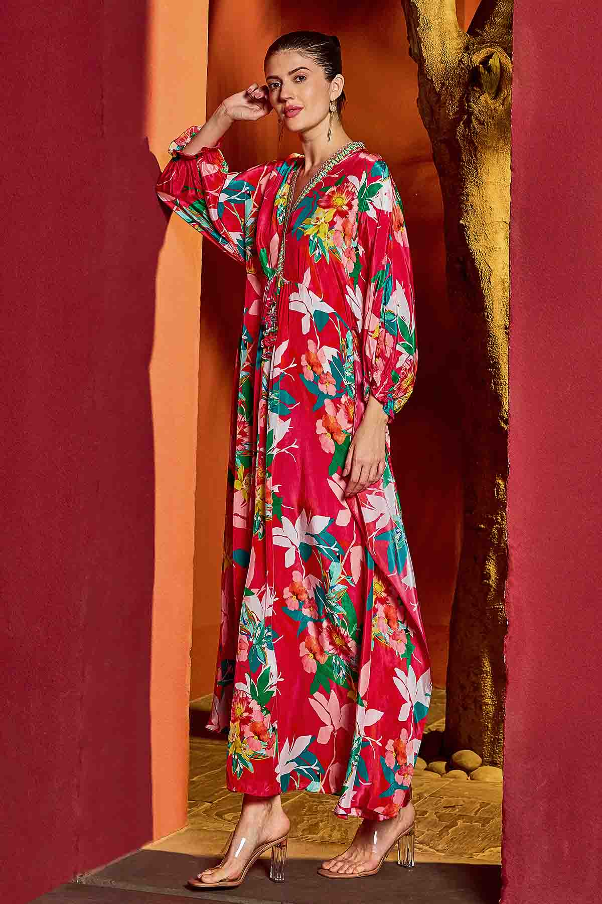 Red Printed Asymmetrical Kaftan