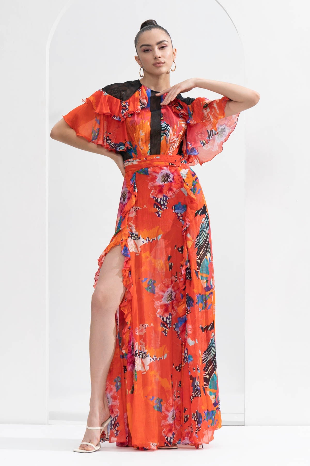 Buy Red Printed Chiffon Dress by Mandira Wirk