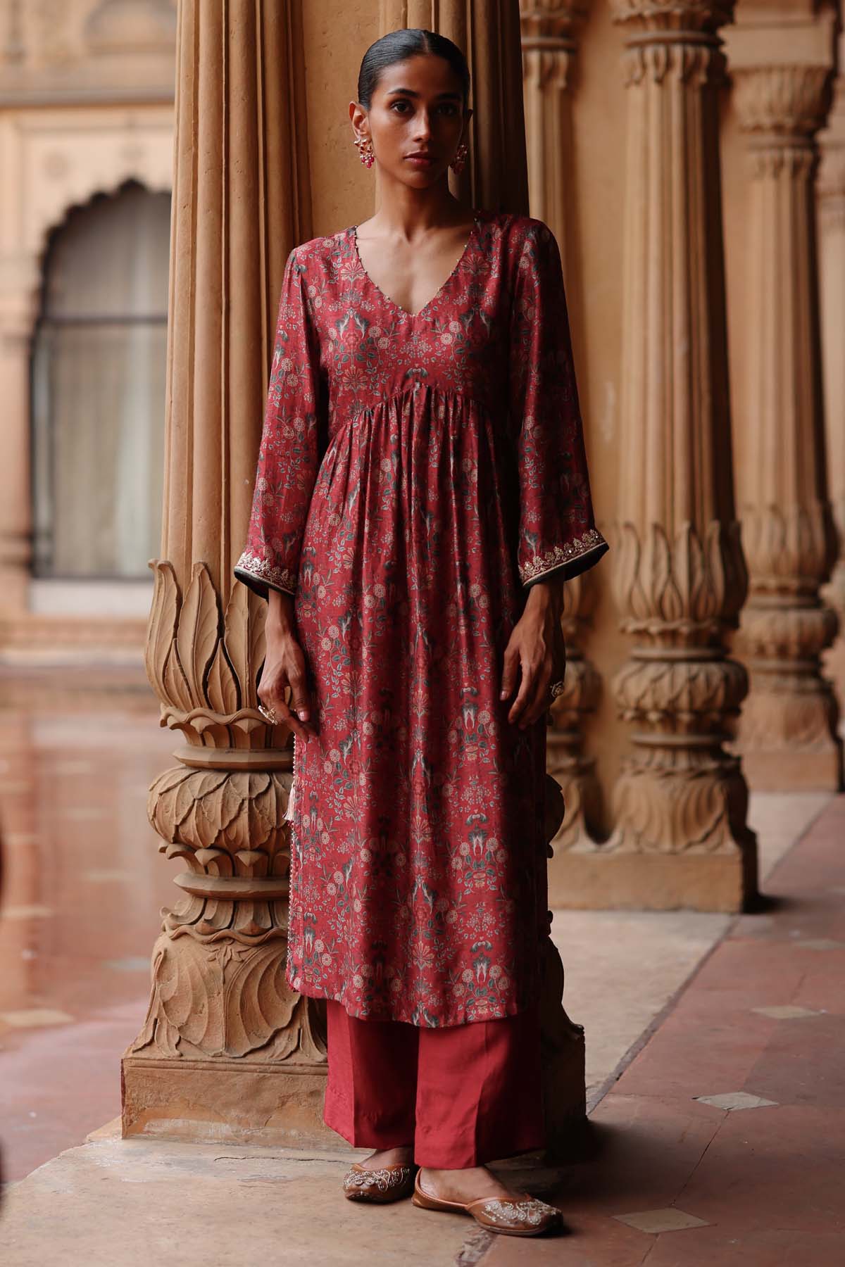 Megha Pitti Red Printed Flared Kurta & Pants for women online at ScrollnShops