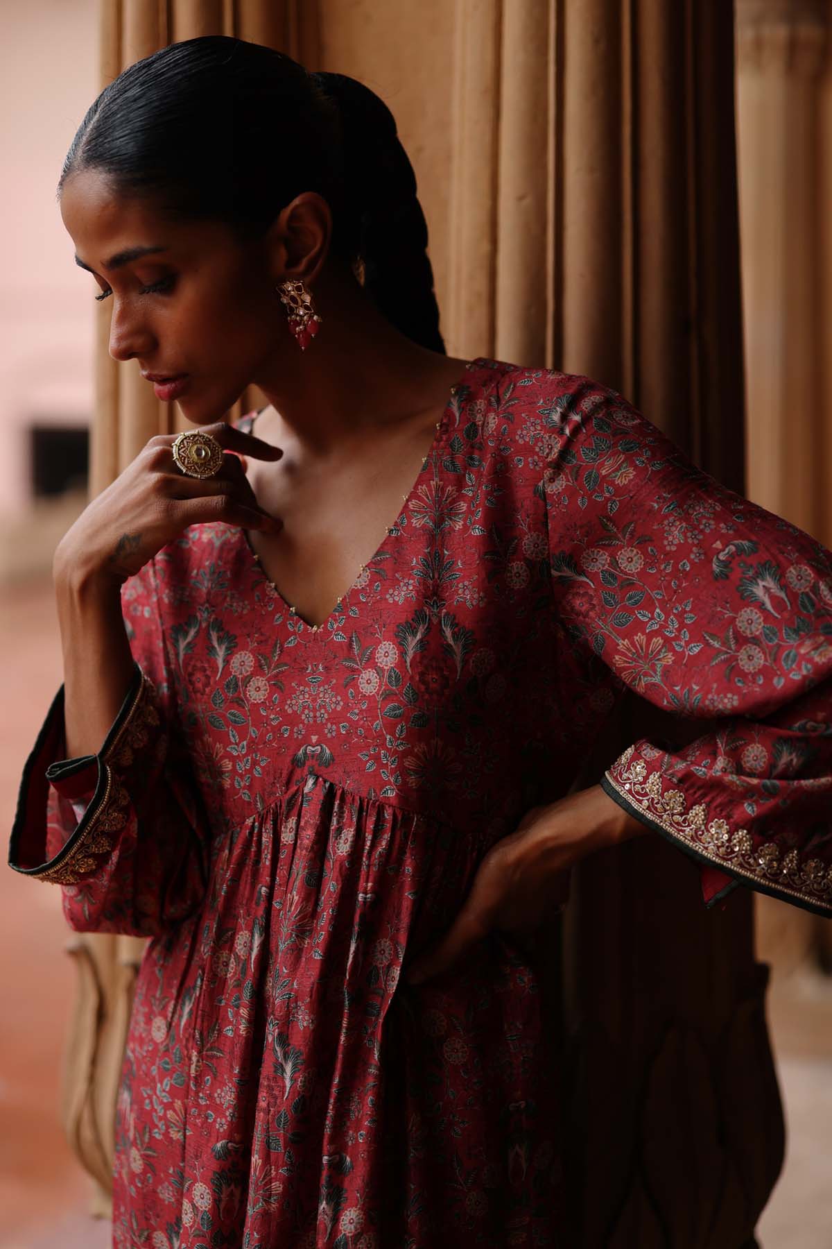 Red Printed Flared Kurta & Pants