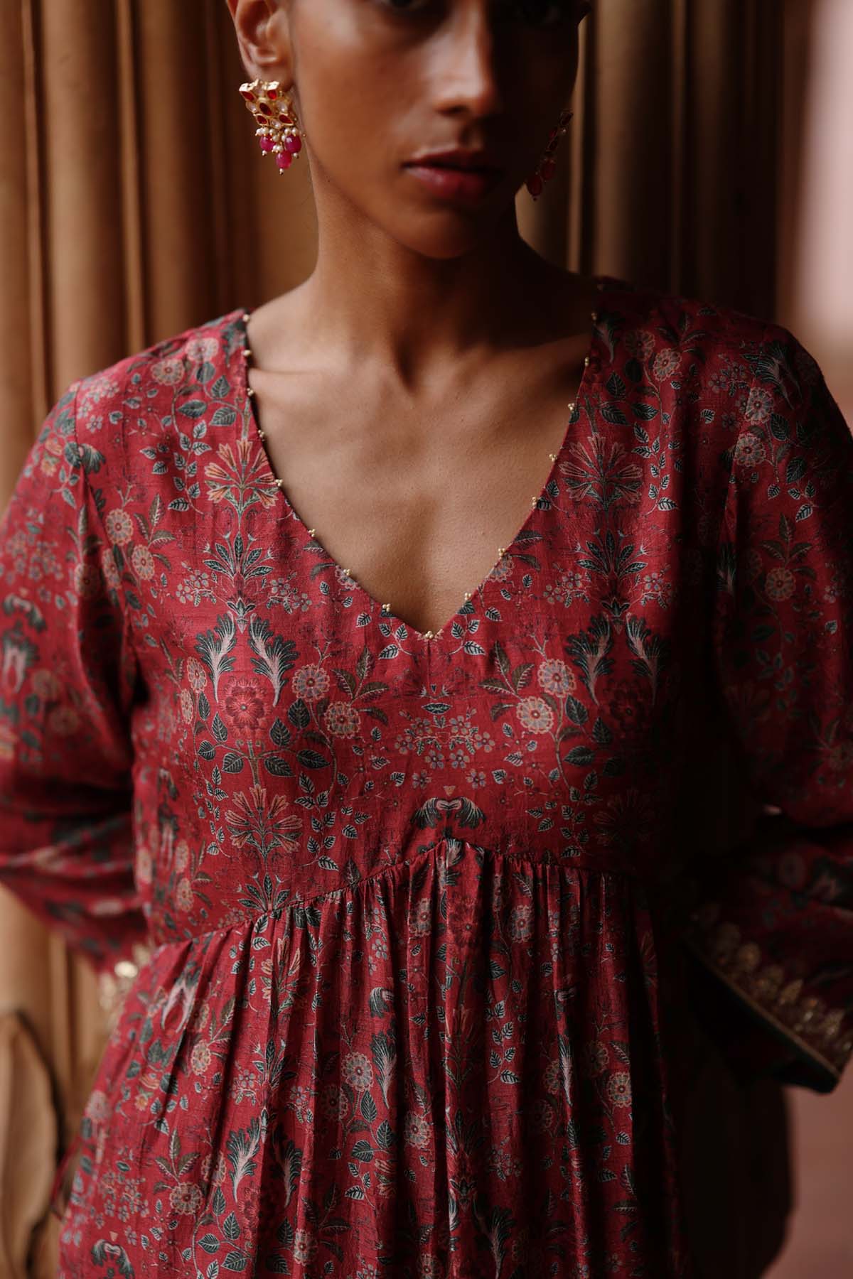 Red Printed Flared Kurta & Pants