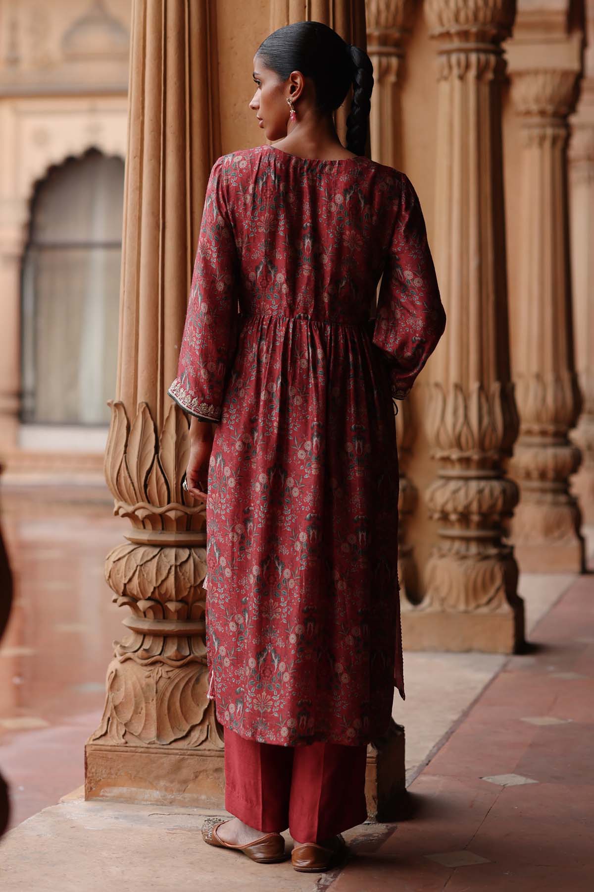 Red Printed Flared Kurta & Pants