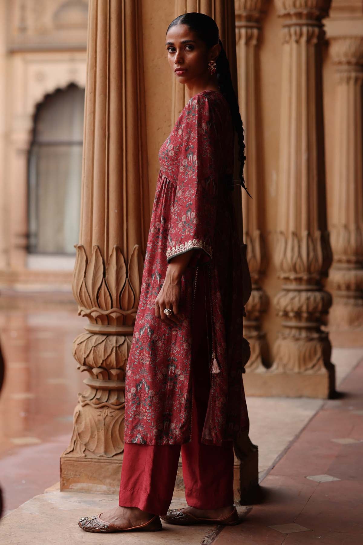 Red Printed Flared Kurta & Pants