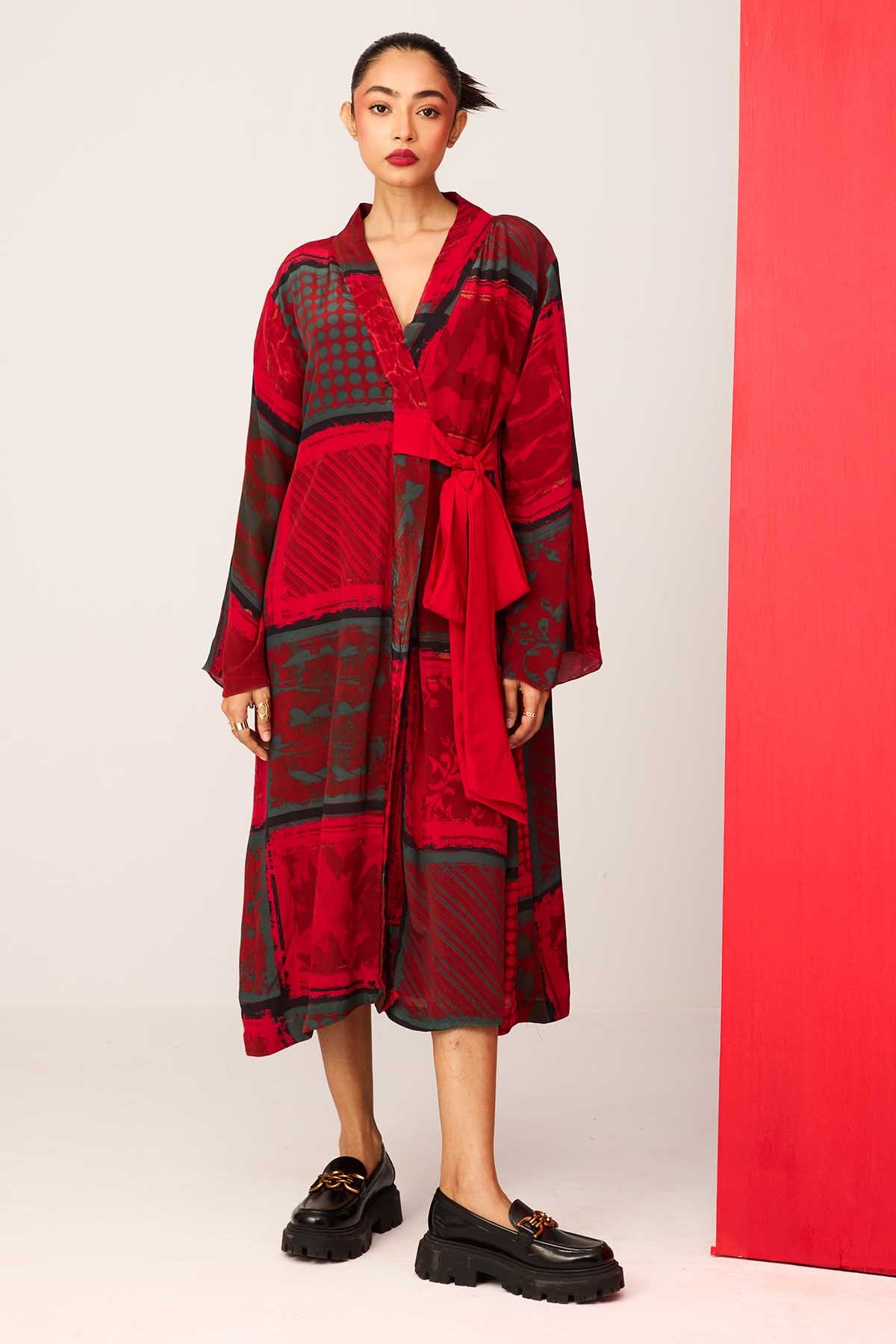 Red Printed Lapel Collar Dress