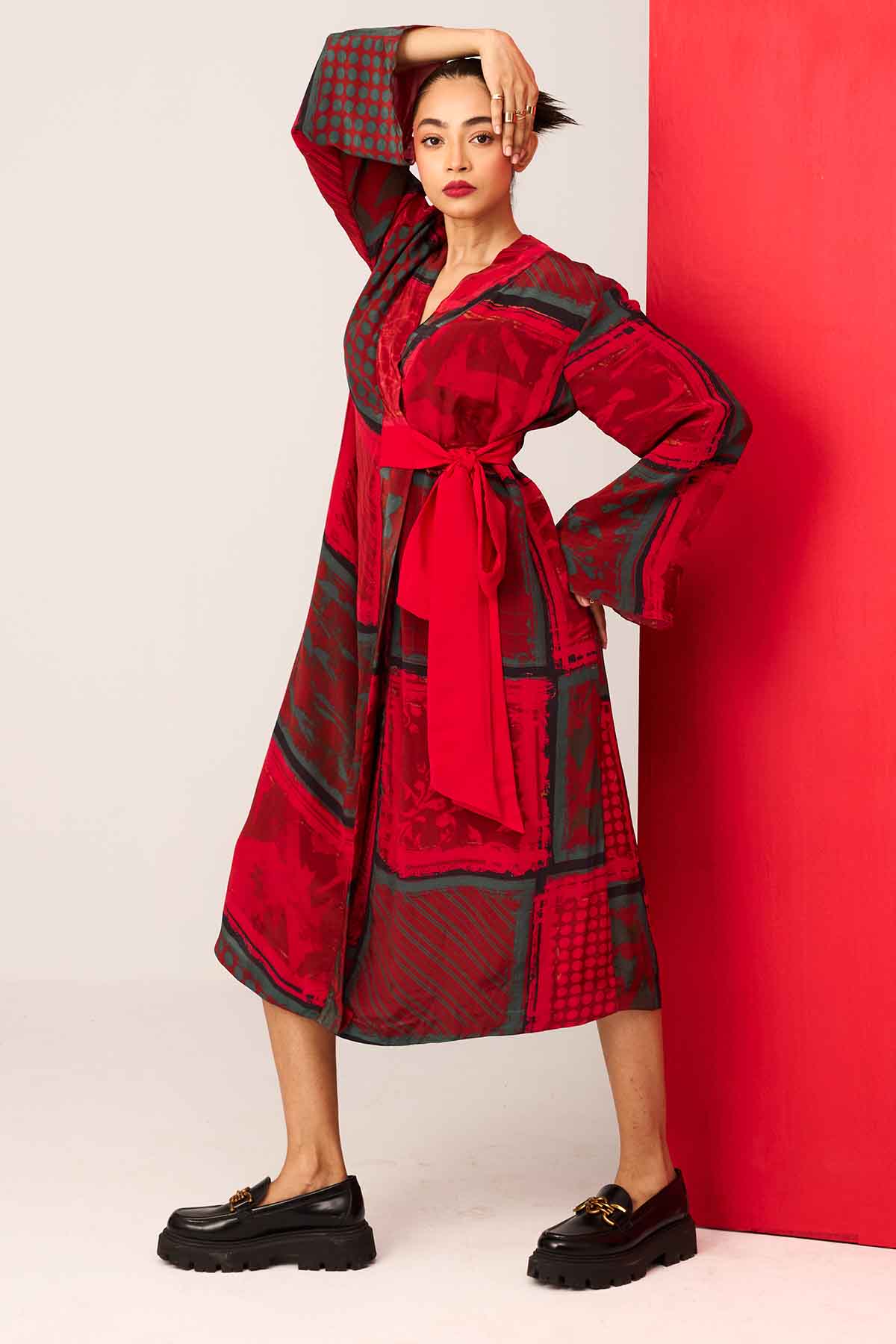 Red Printed Lapel Collar Dress
