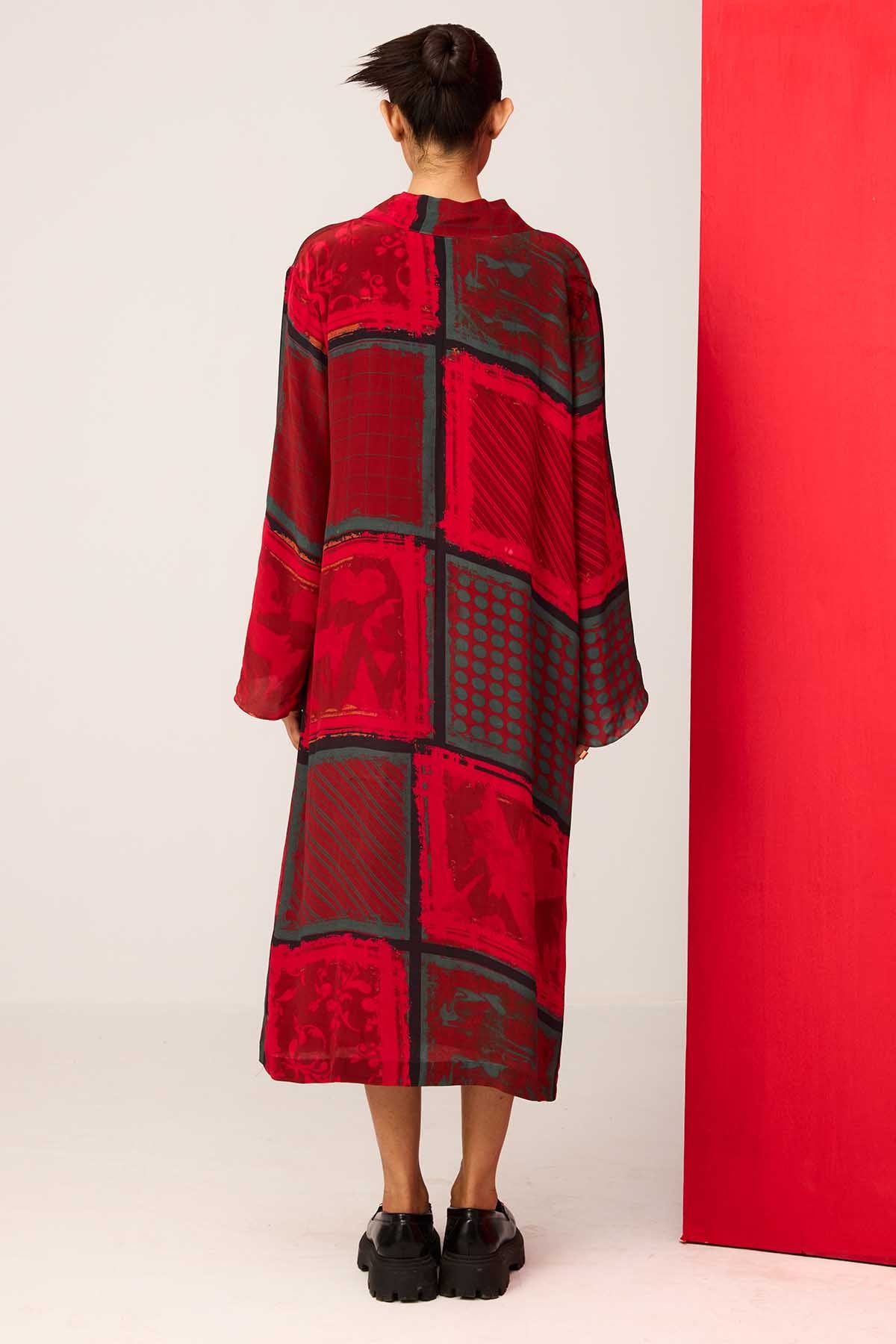 Red Printed Lapel Collar Dress