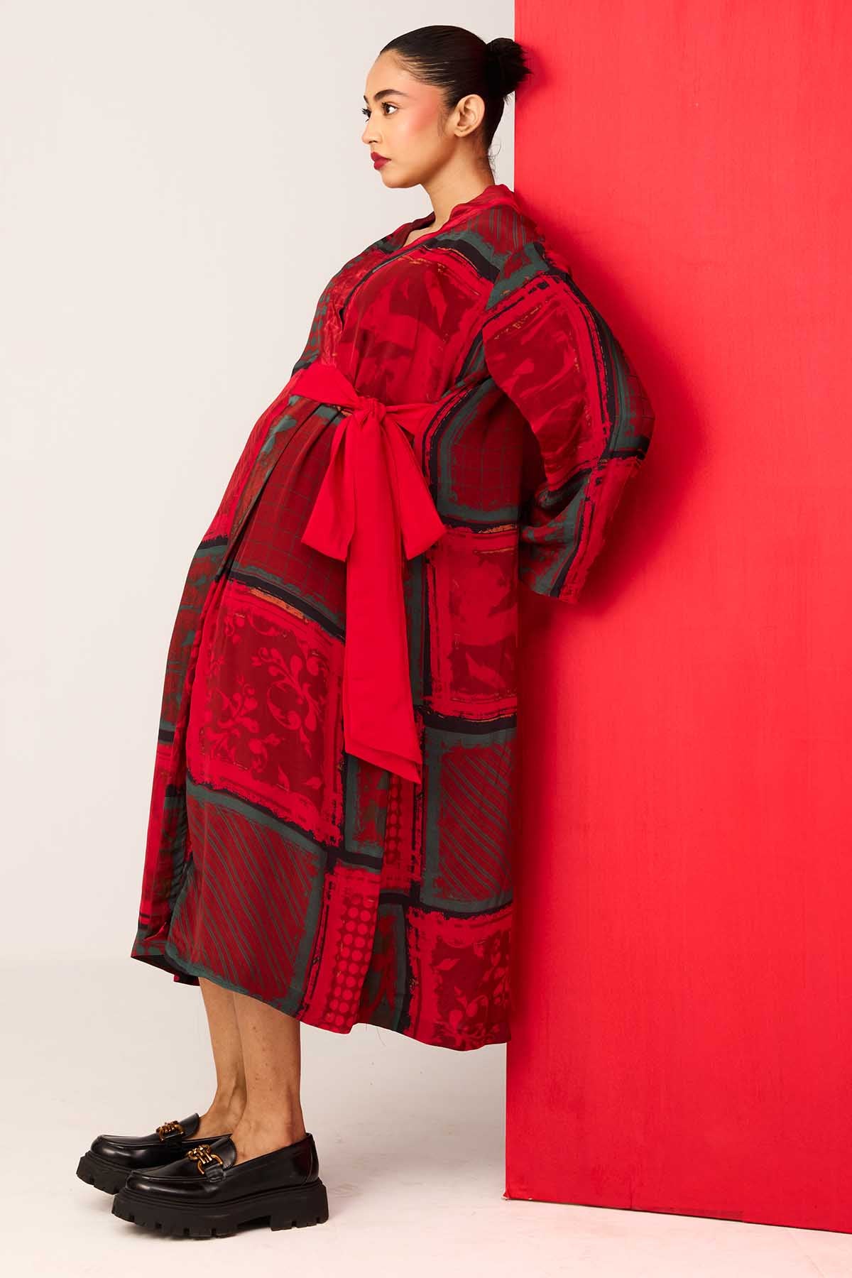 Red Printed Lapel Collar Dress