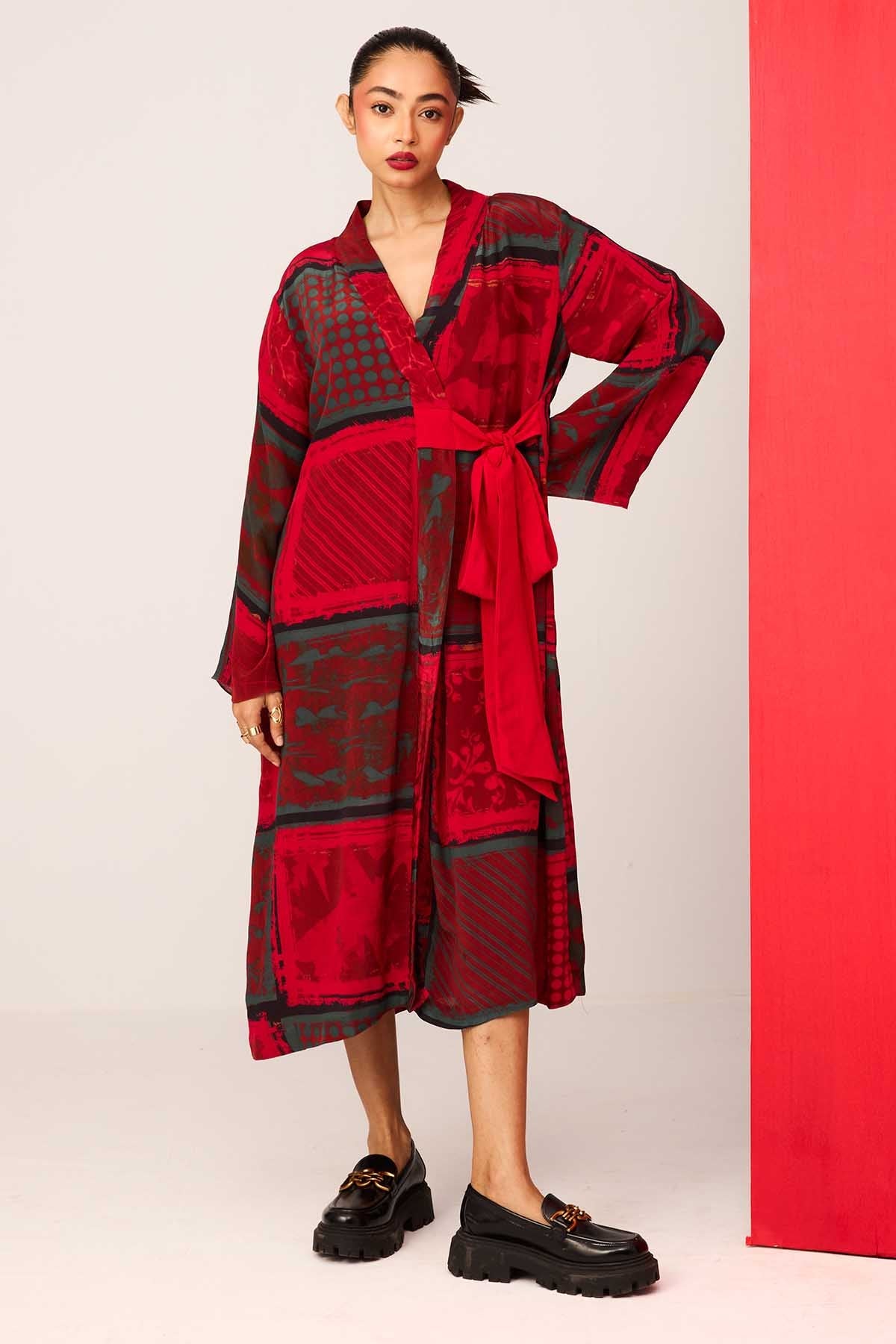 Buy Red Printed Lapel Collar Dress by Shristi Chetani for women online at ScrollnShops