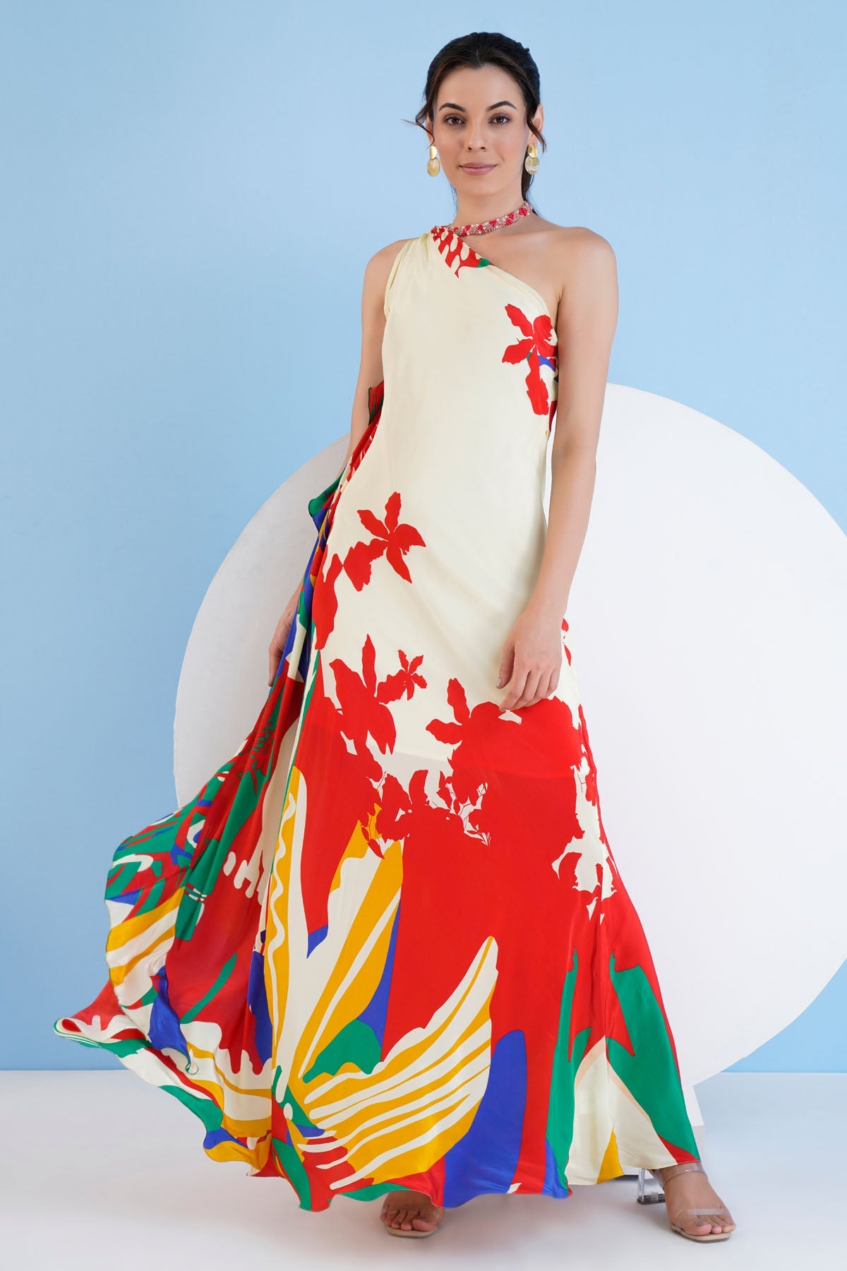Buy Mandira Wirk Red Multicolor One-Shoulder Dress: Frill Detail, Viscose Crepe For Women at ScrollnShops