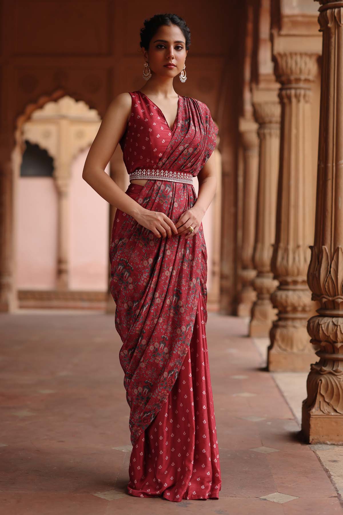 Megha Pitti Red Printed Pre-Draped Saree for women online at ScrollnShops