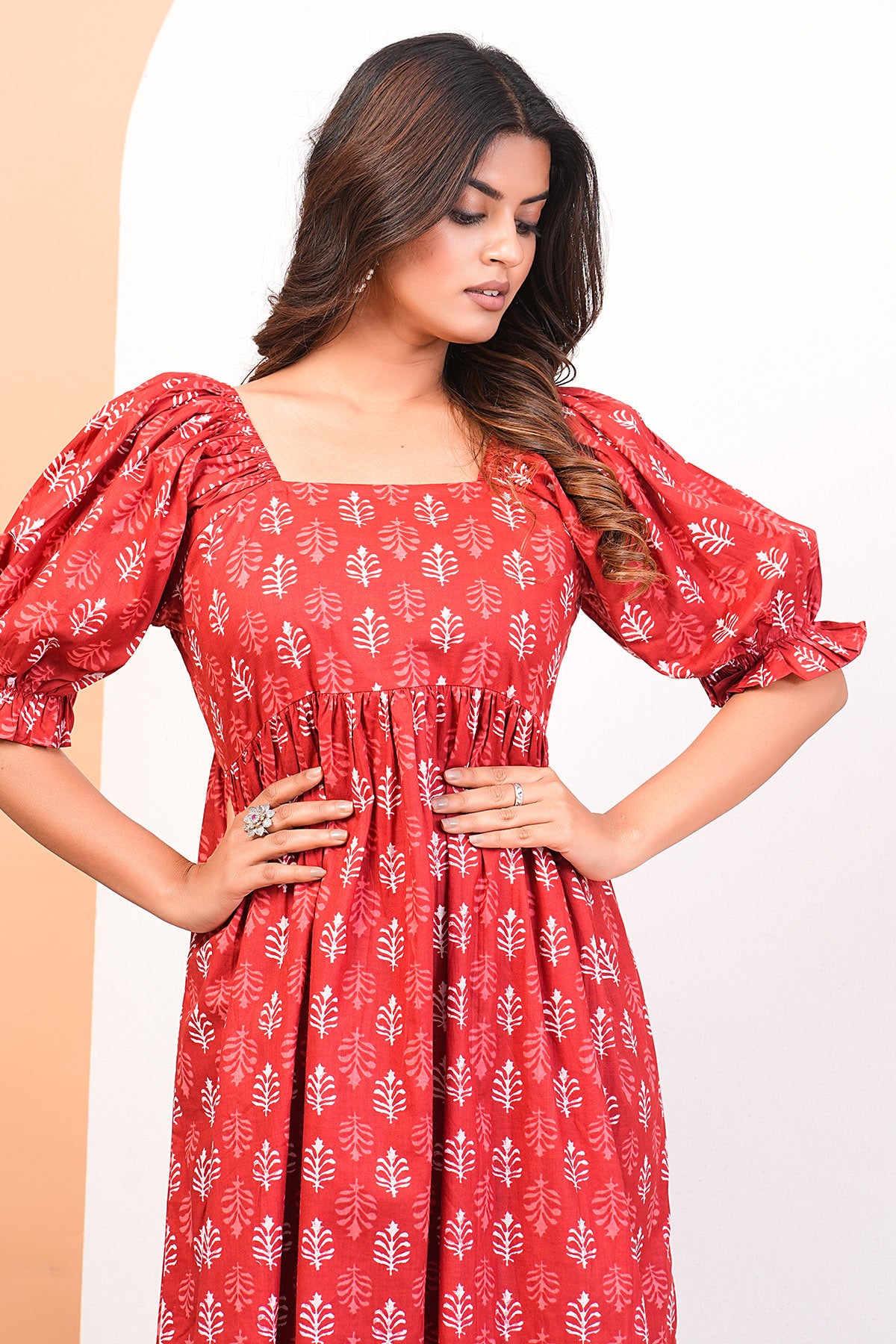 Red Printed Puff Sleeves Dress