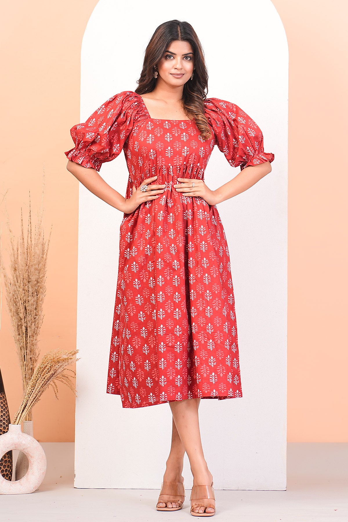 Red Printed Puff Sleeves Dress