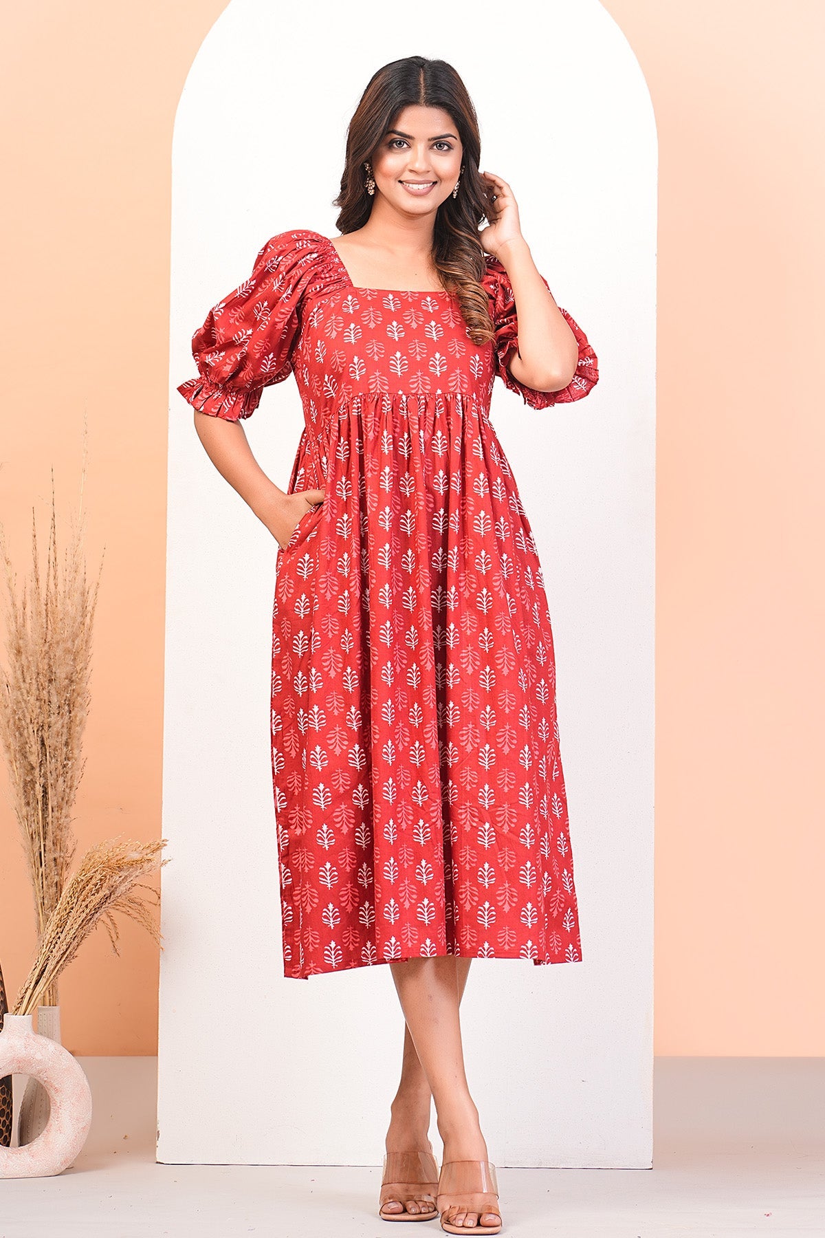 Buy Red Printed Puff Sleeves Dress by Namita Sharma for Women online at ScrollnShops