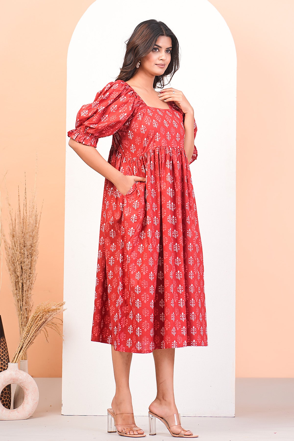 Red Printed Puff Sleeves Dress