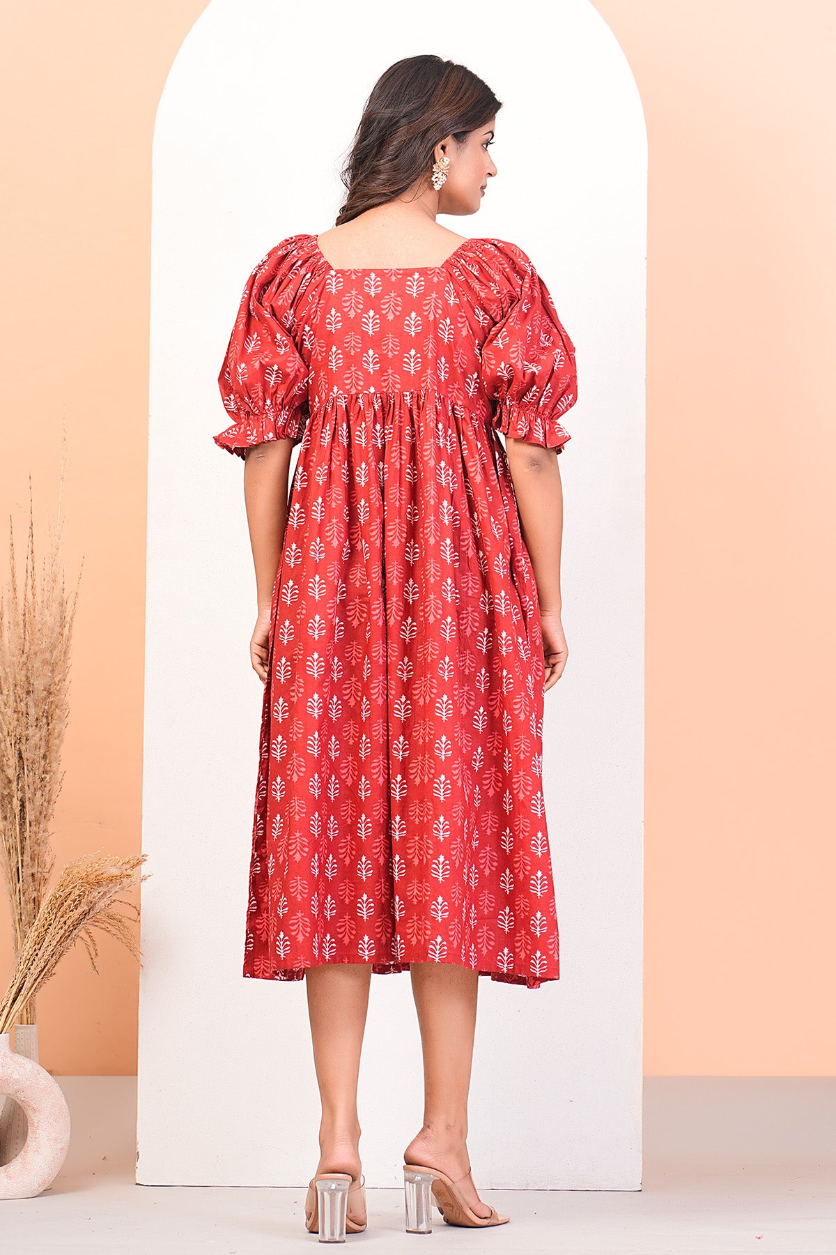 Red Printed Puff Sleeves Dress