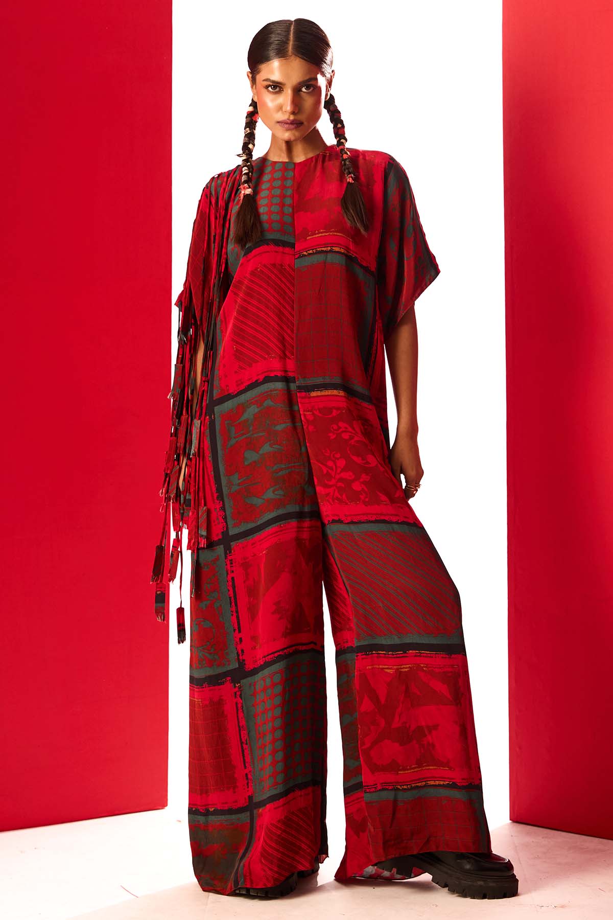 Buy Red Printed Round Neck Jumpsuit by Shristi Chetani for women online at ScrollnShops