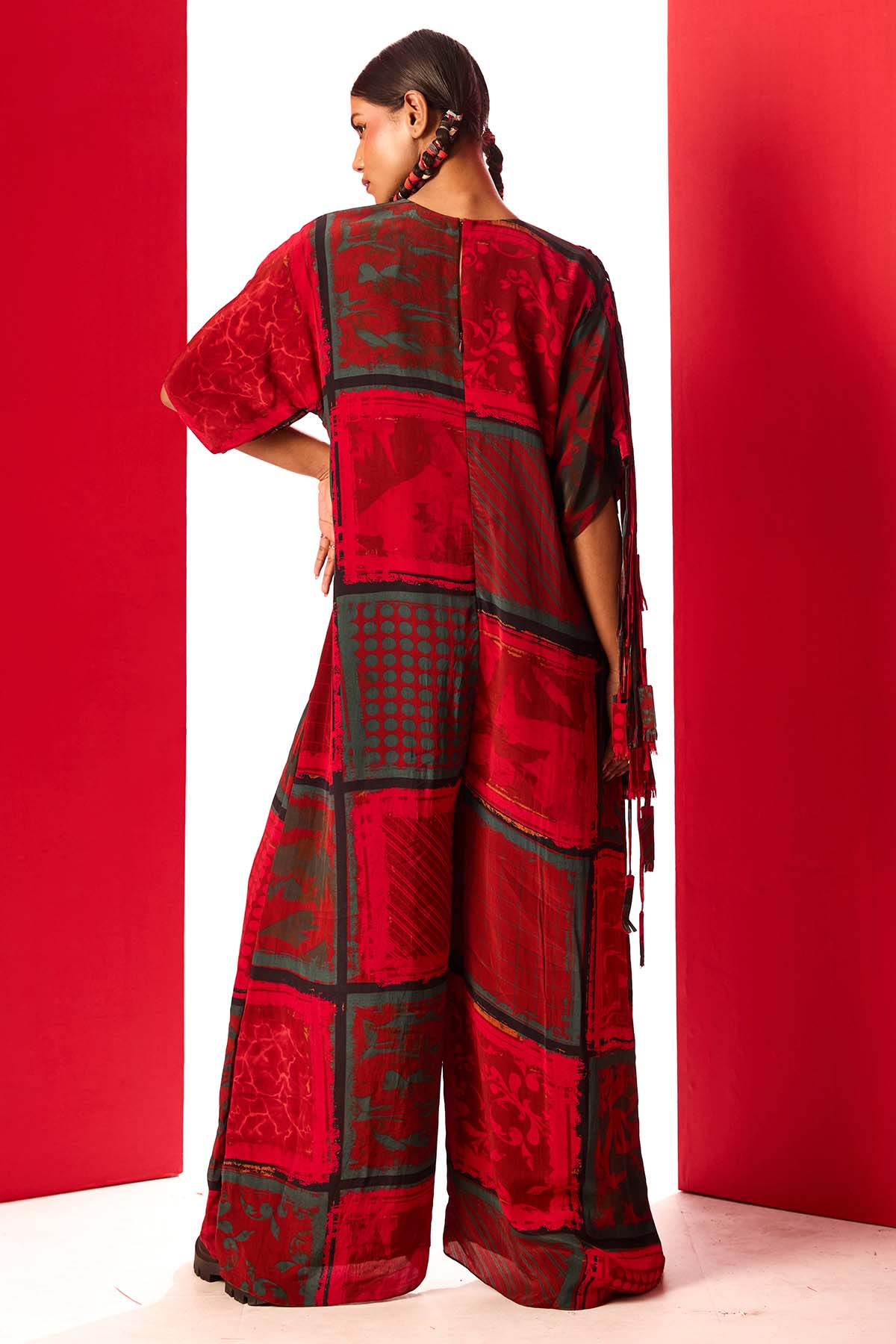 Red Printed Round Neck Jumpsuit
