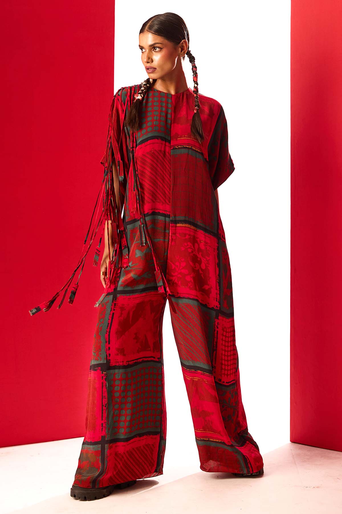 Red Printed Round Neck Jumpsuit