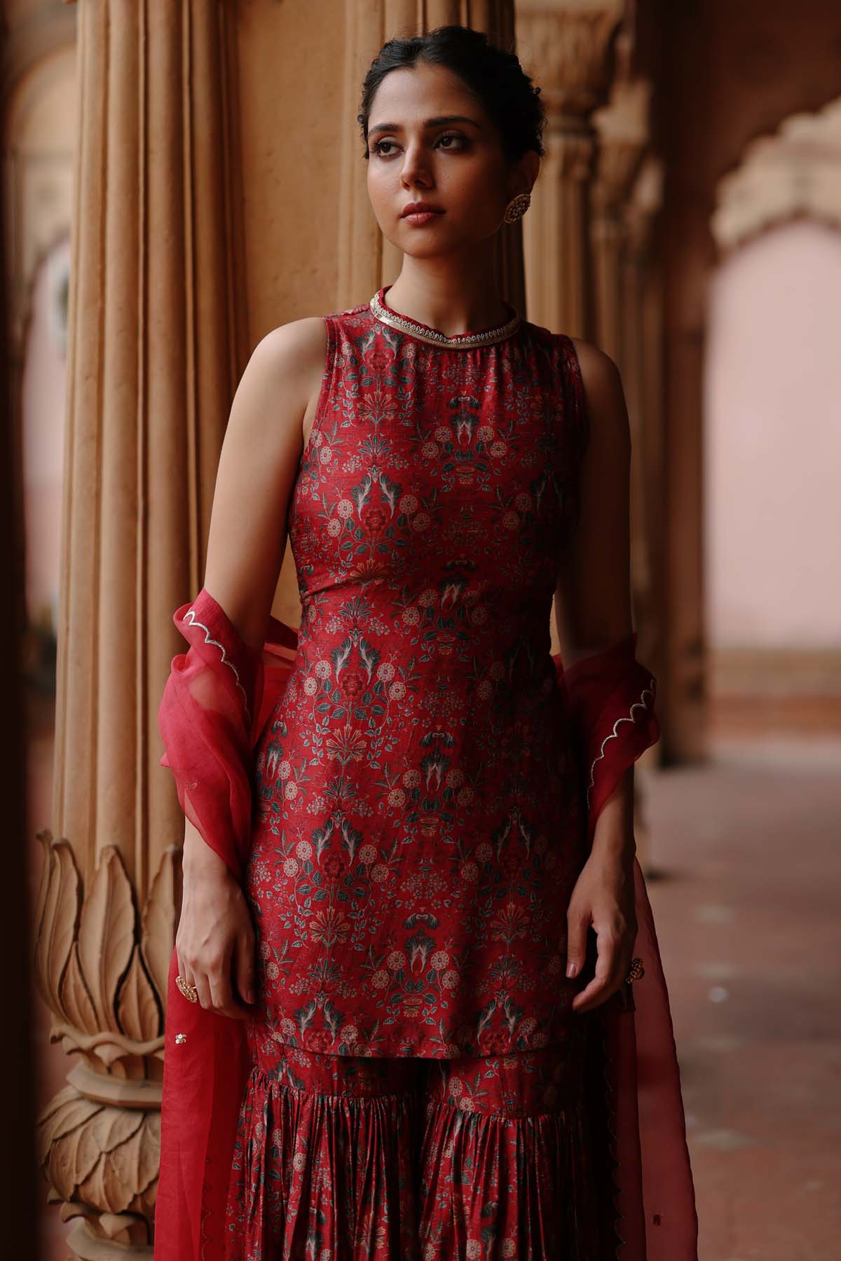 Red Printed Short Kurta Set