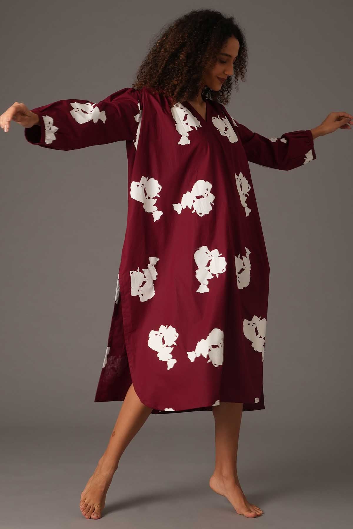 Red Printed Slit Midi Dress