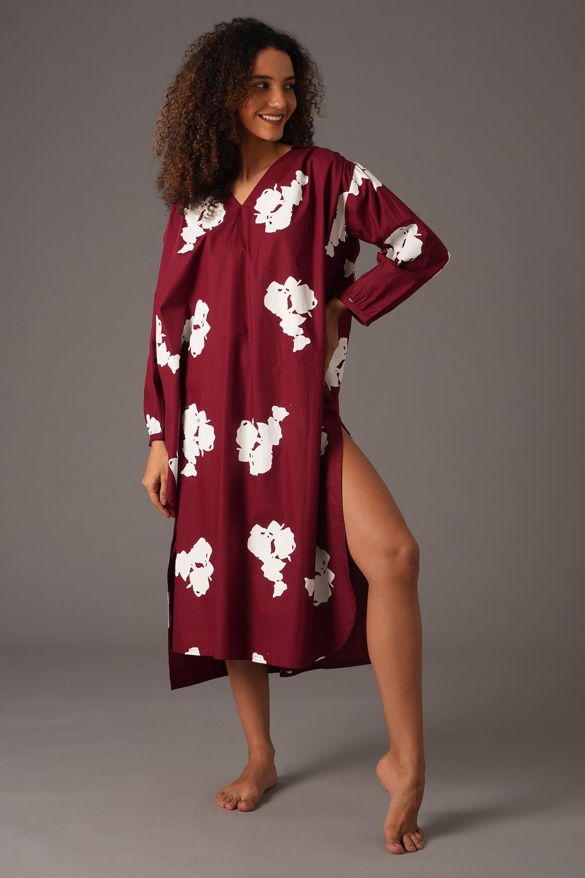 Red Printed Slit Midi Dress