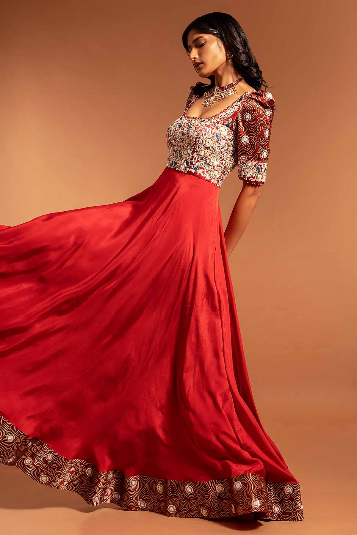 Red Printed Thread Work Gown
