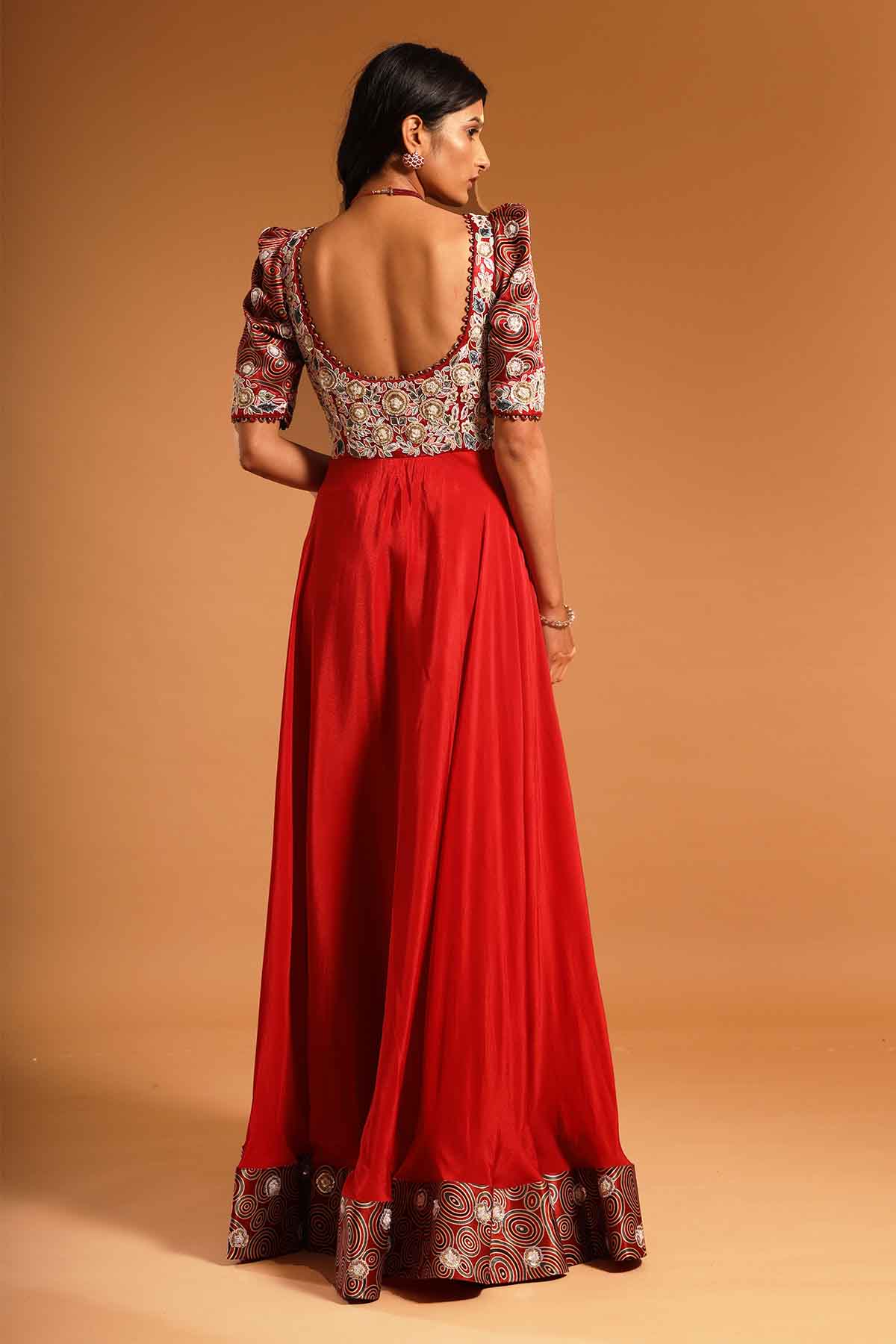 Red Printed Thread Work Gown