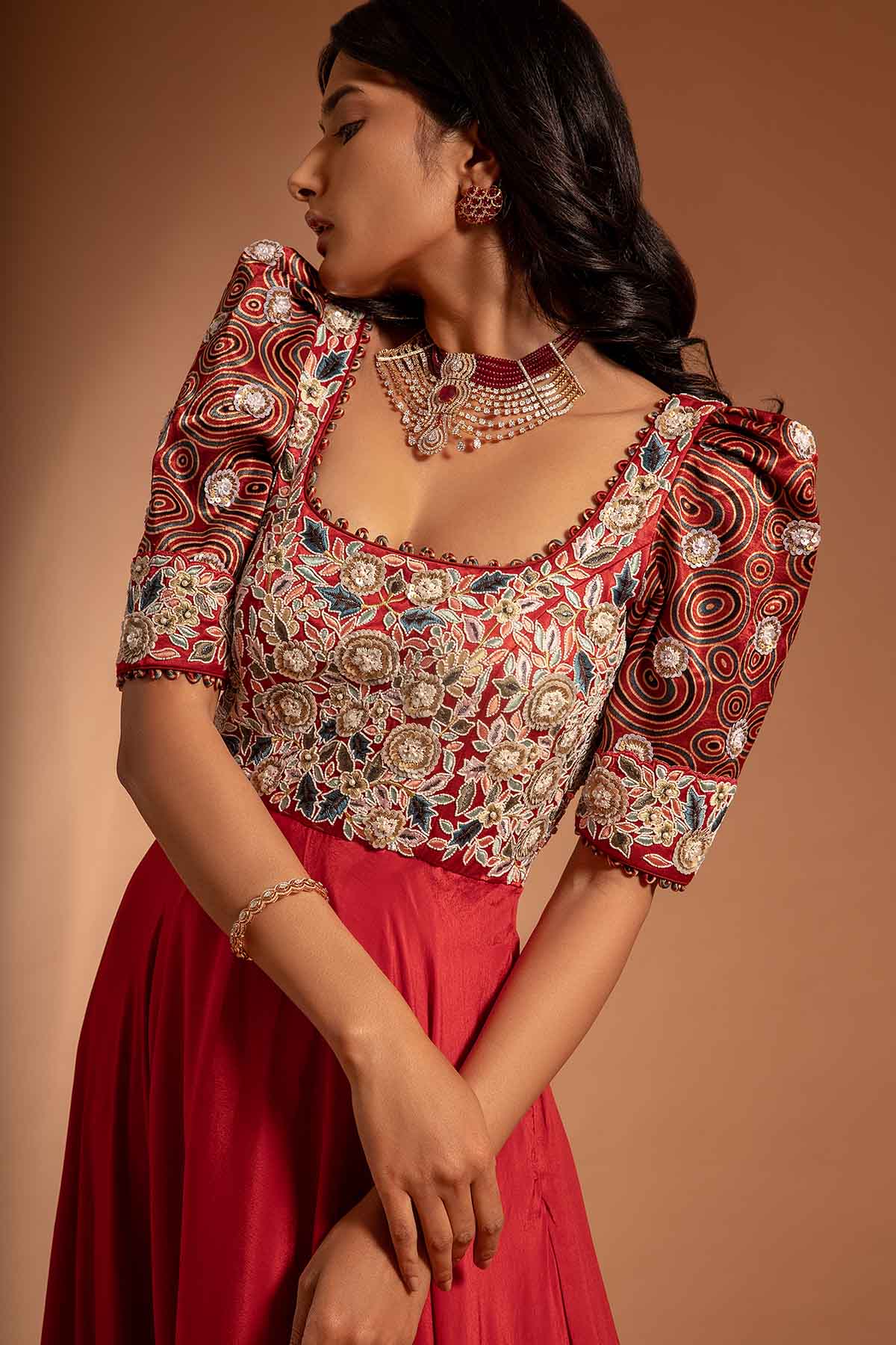 Red Printed Thread Work Gown