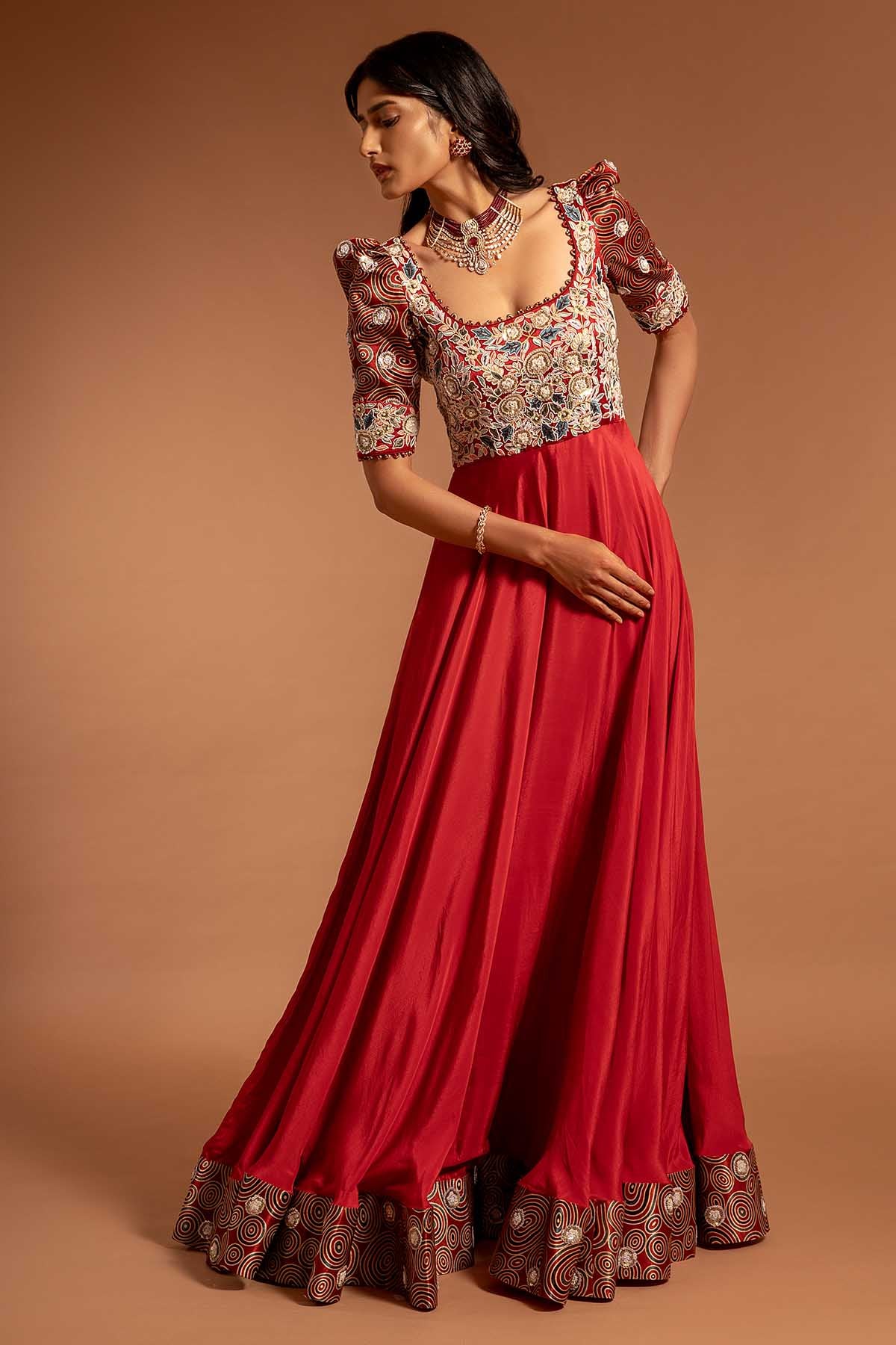 Red Printed Thread Work Gown