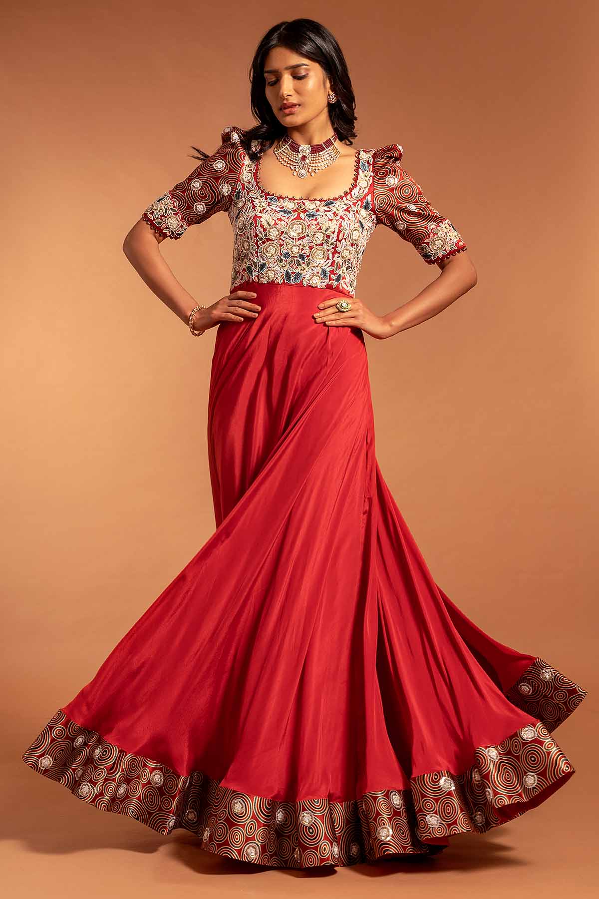 Buy Red Printed Thread Work Gown by Sejal Kamdar at ScrollnShops