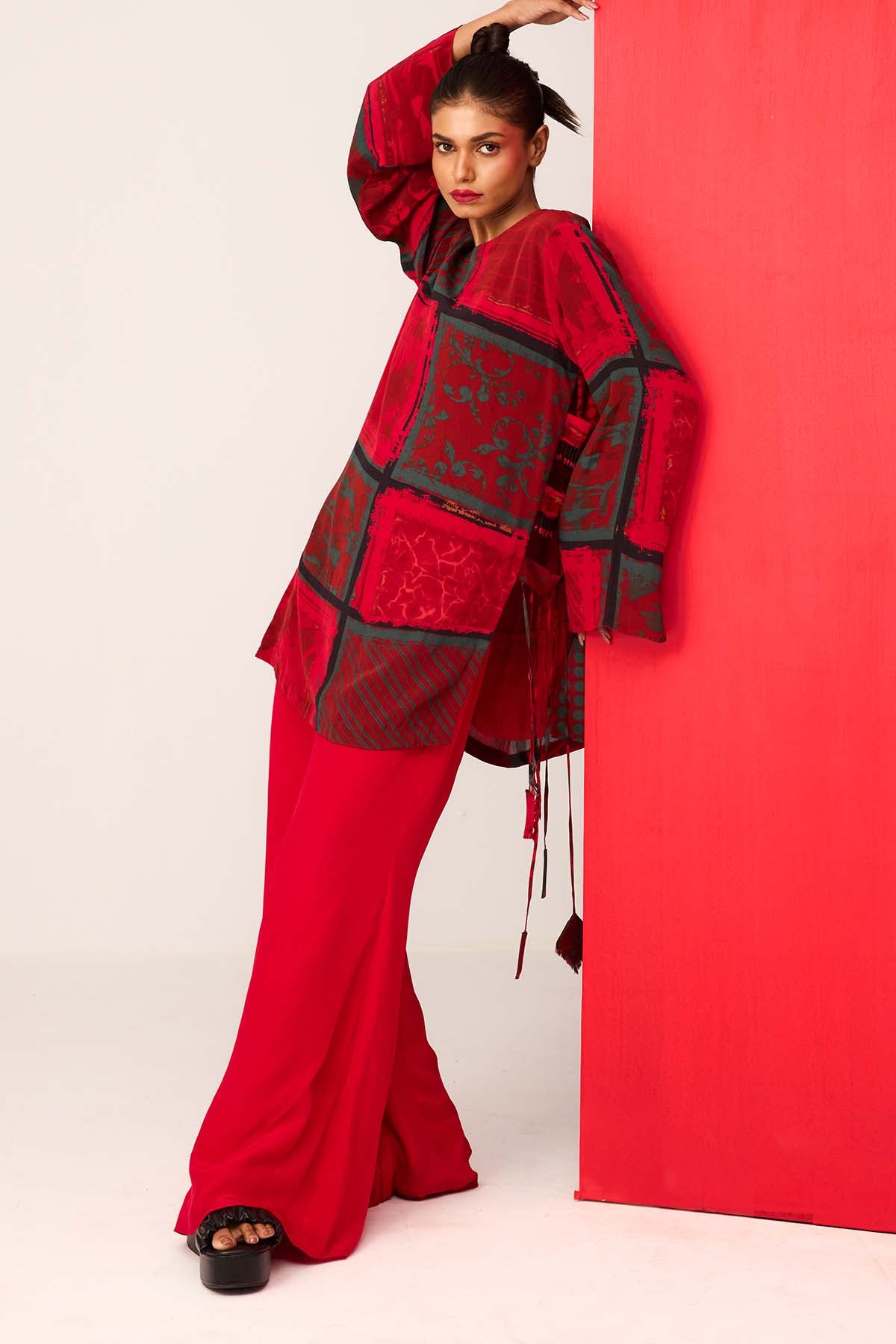 Red Printed Top & Flared Pants