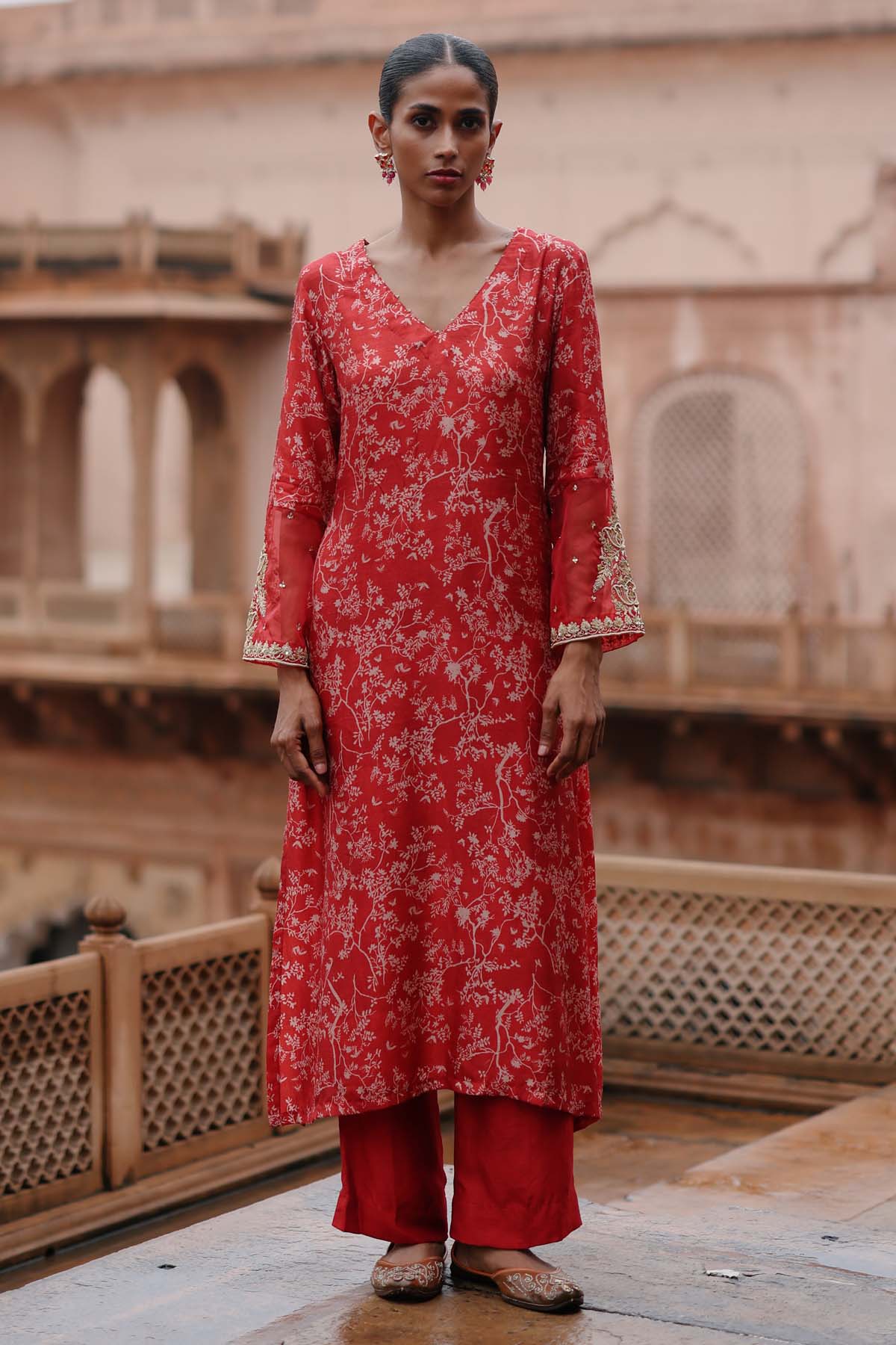 Megha Pitti Red Printed V-Neck Kurta Set for women online at ScrollnShops