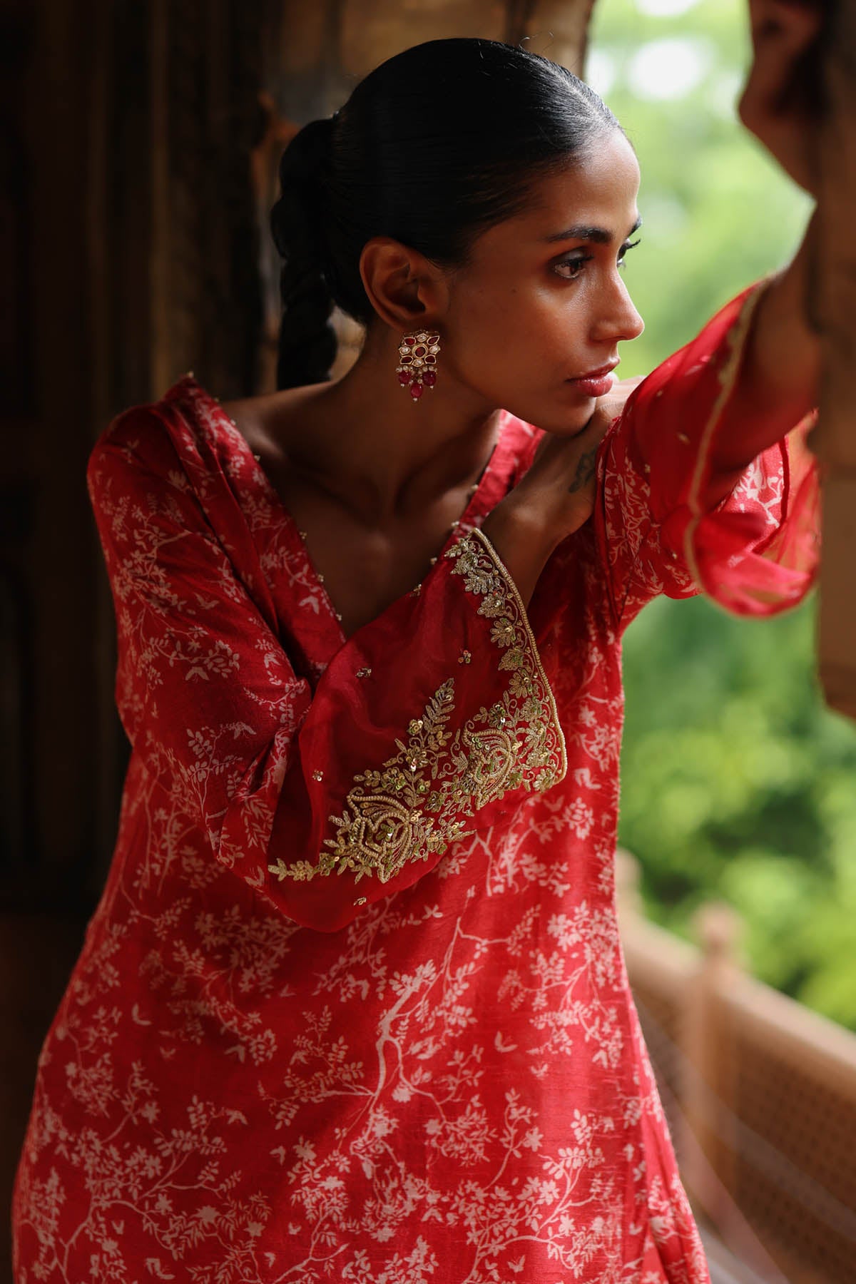 Red Printed V-Neck Kurta Set