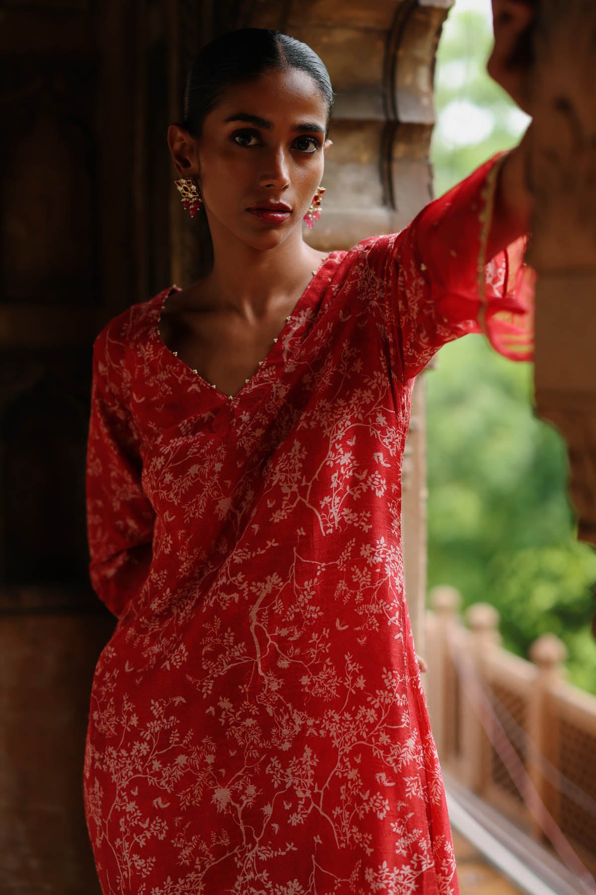 Red Printed V-Neck Kurta Set