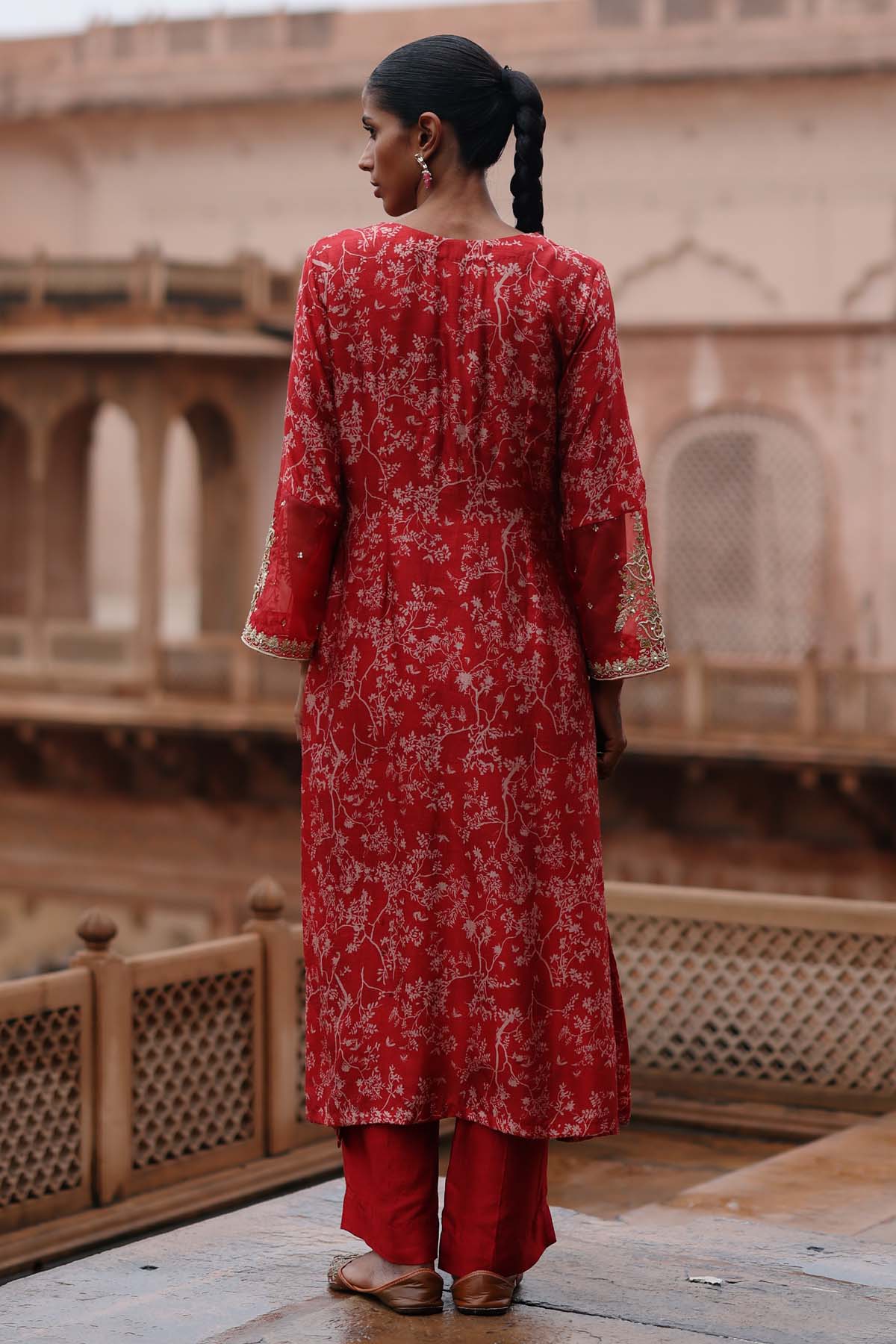 Red Printed V-Neck Kurta Set