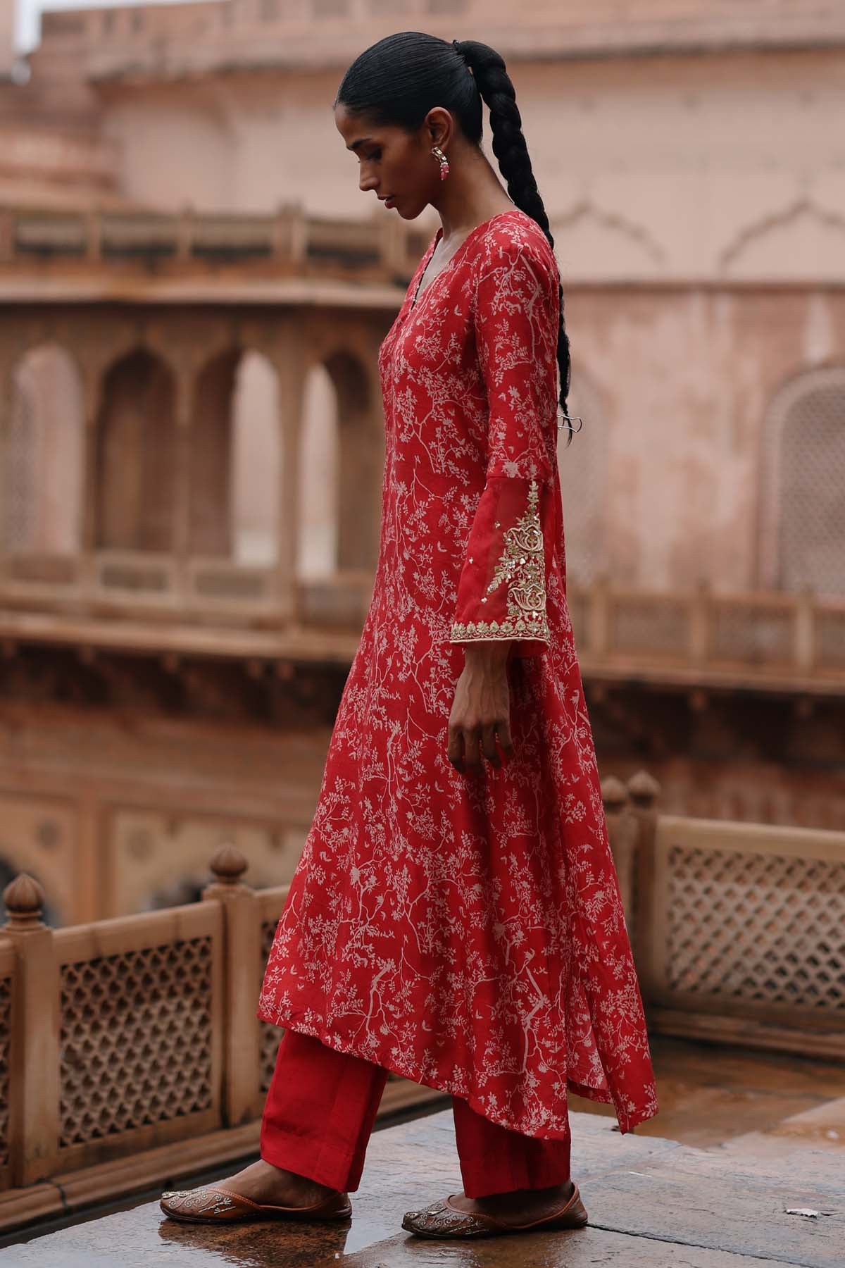 Red Printed V-Neck Kurta Set