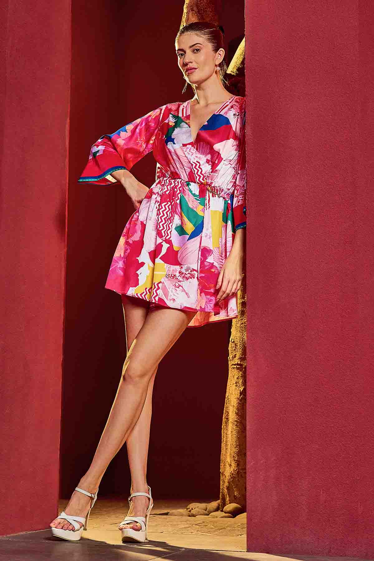 Buy Red Printed V-Neck Mini Dress by Mandira Wirk