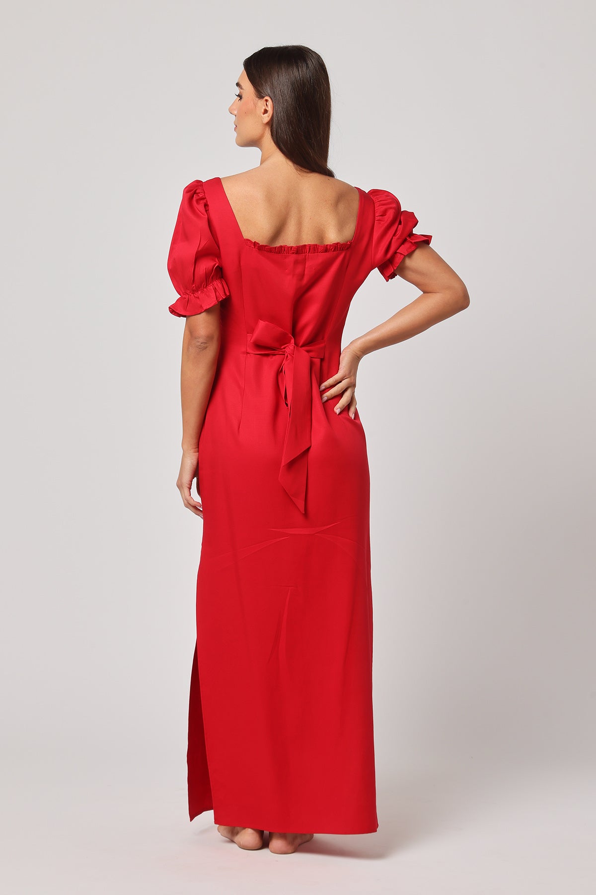 Red Puff Sleeves Maxi Dress