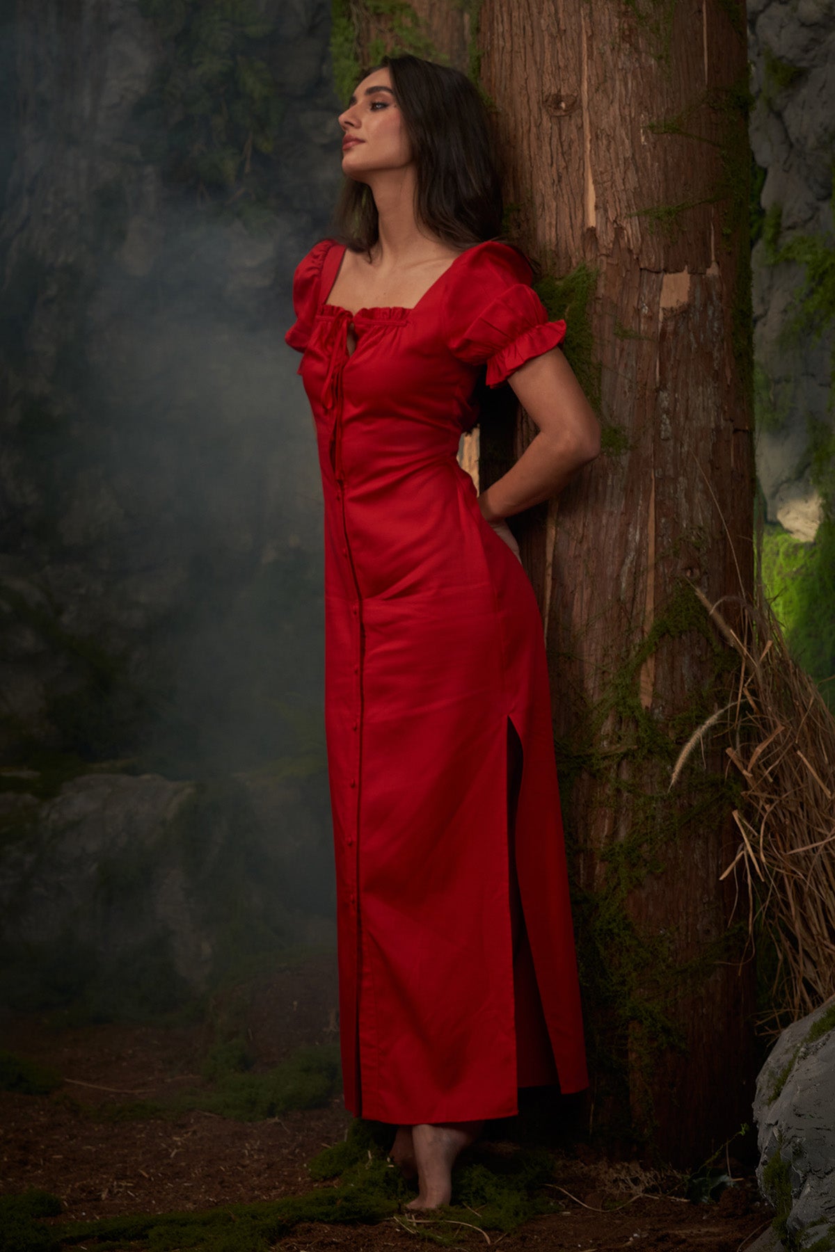 Red Puff Sleeves Maxi Dress