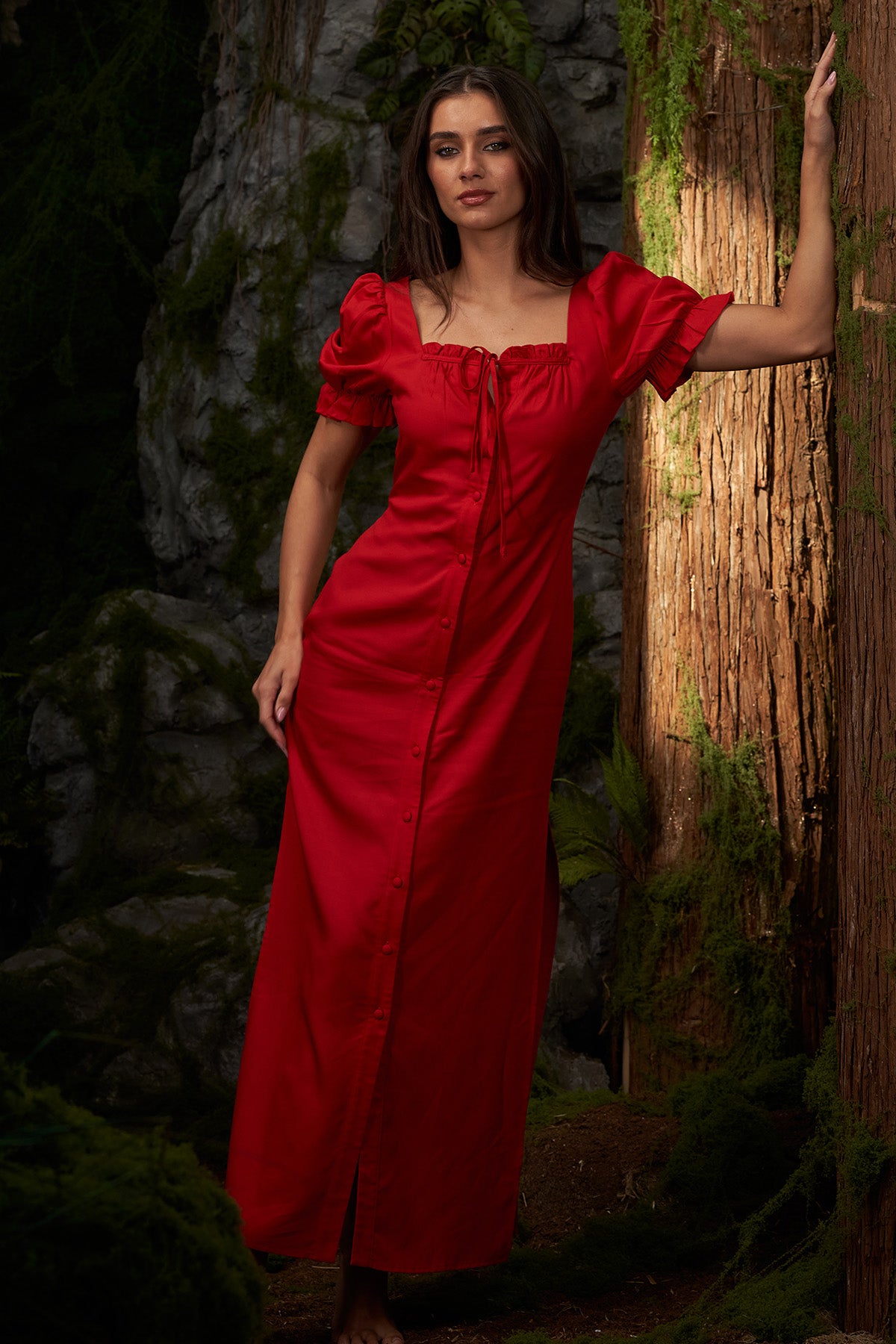 Red Puff Sleeves Maxi Dress