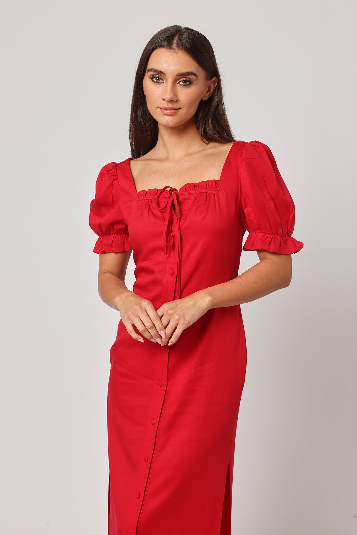 Red Puff Sleeves Maxi Dress