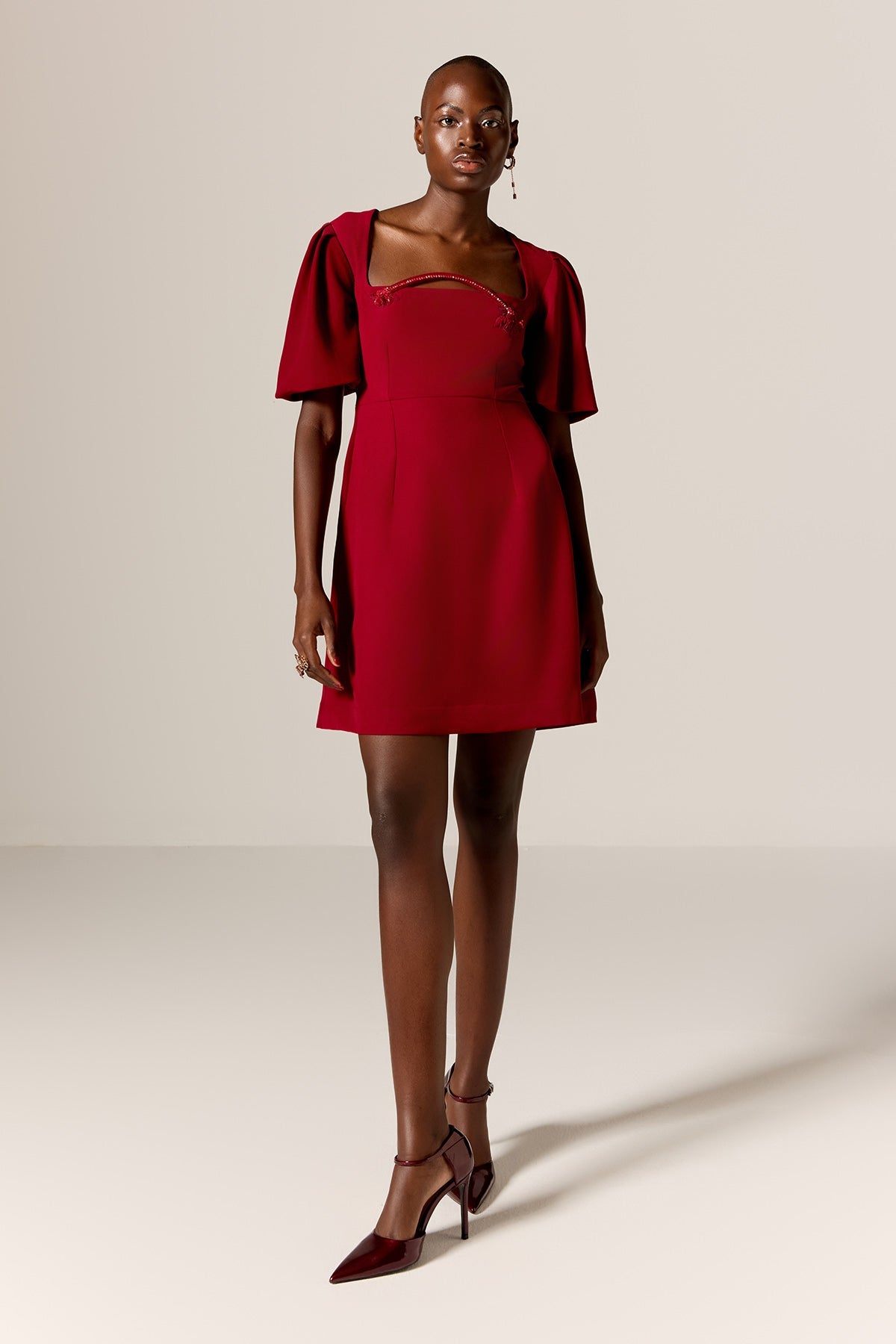 Buy Red Puff Sleeves Mini Dress by Manika Nanda for Women online at ScrollnShops